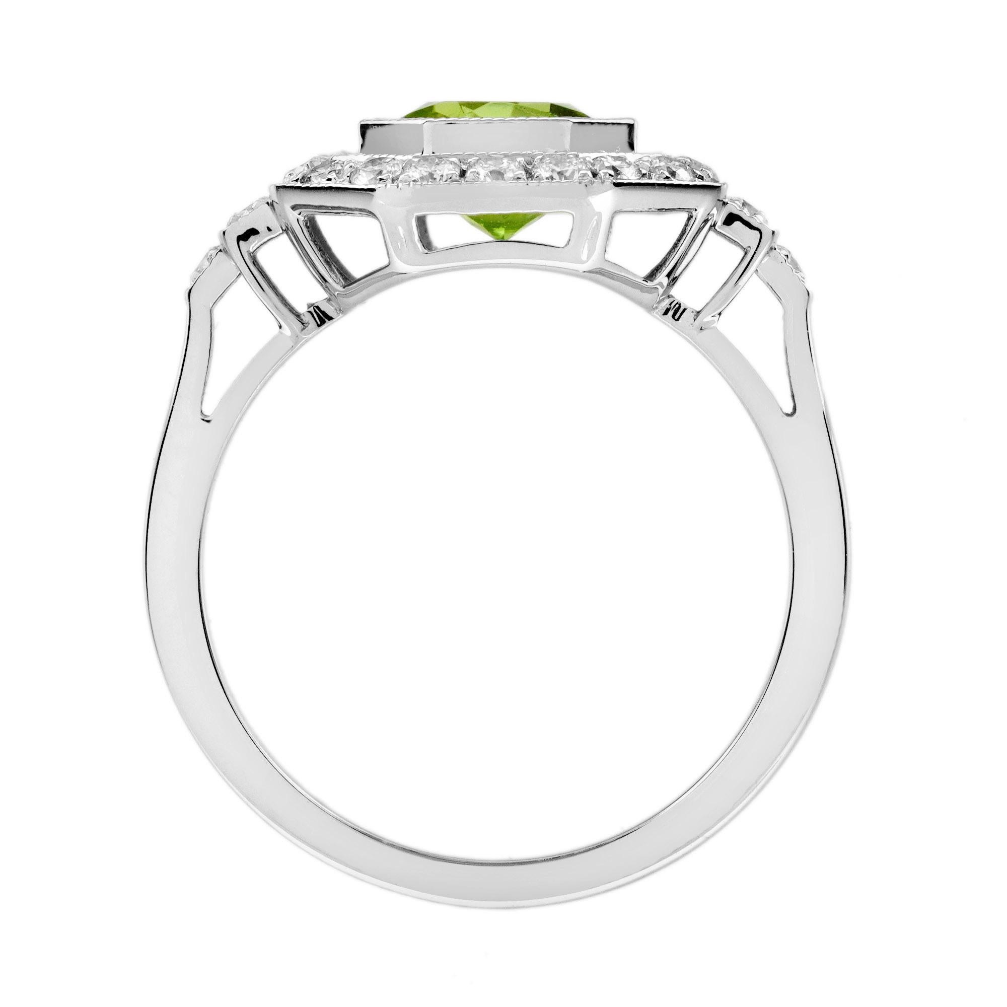 Peridot and Diamond Art Deco Style Engagement Ring in 14K White Gold en vente 1