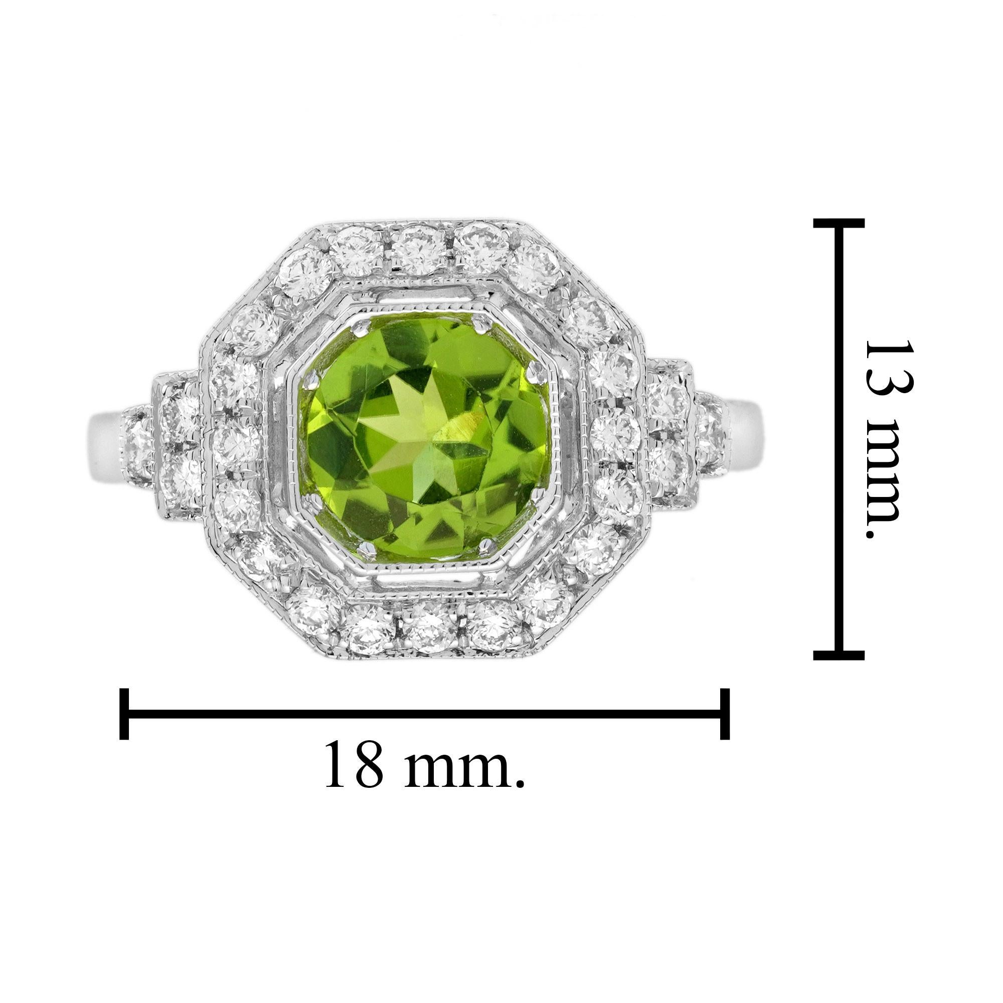 Peridot and Diamond Art Deco Style Engagement Ring in 14K White Gold en vente 2