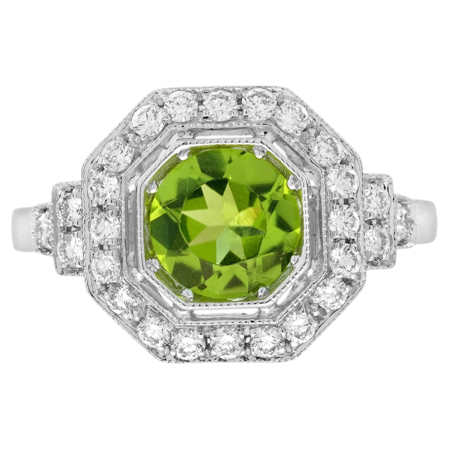 Peridot and Diamond Art Deco Style Engagement Ring in 14K White Gold