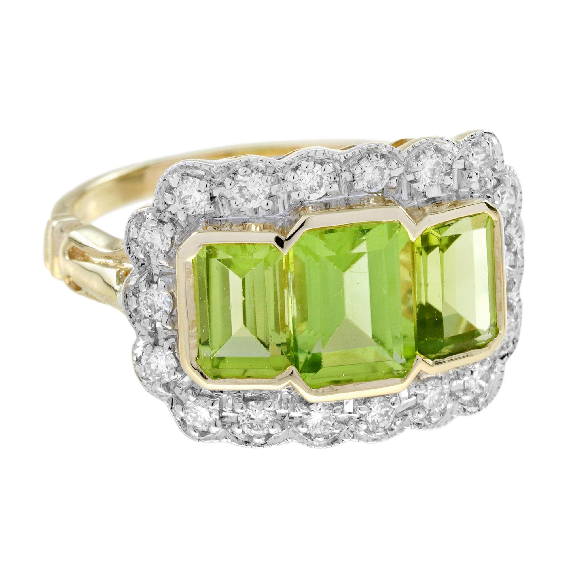 Bague à trois pierres en or jaune 14 carats, péridot et diamant, style Art déco Pour femmes en vente
