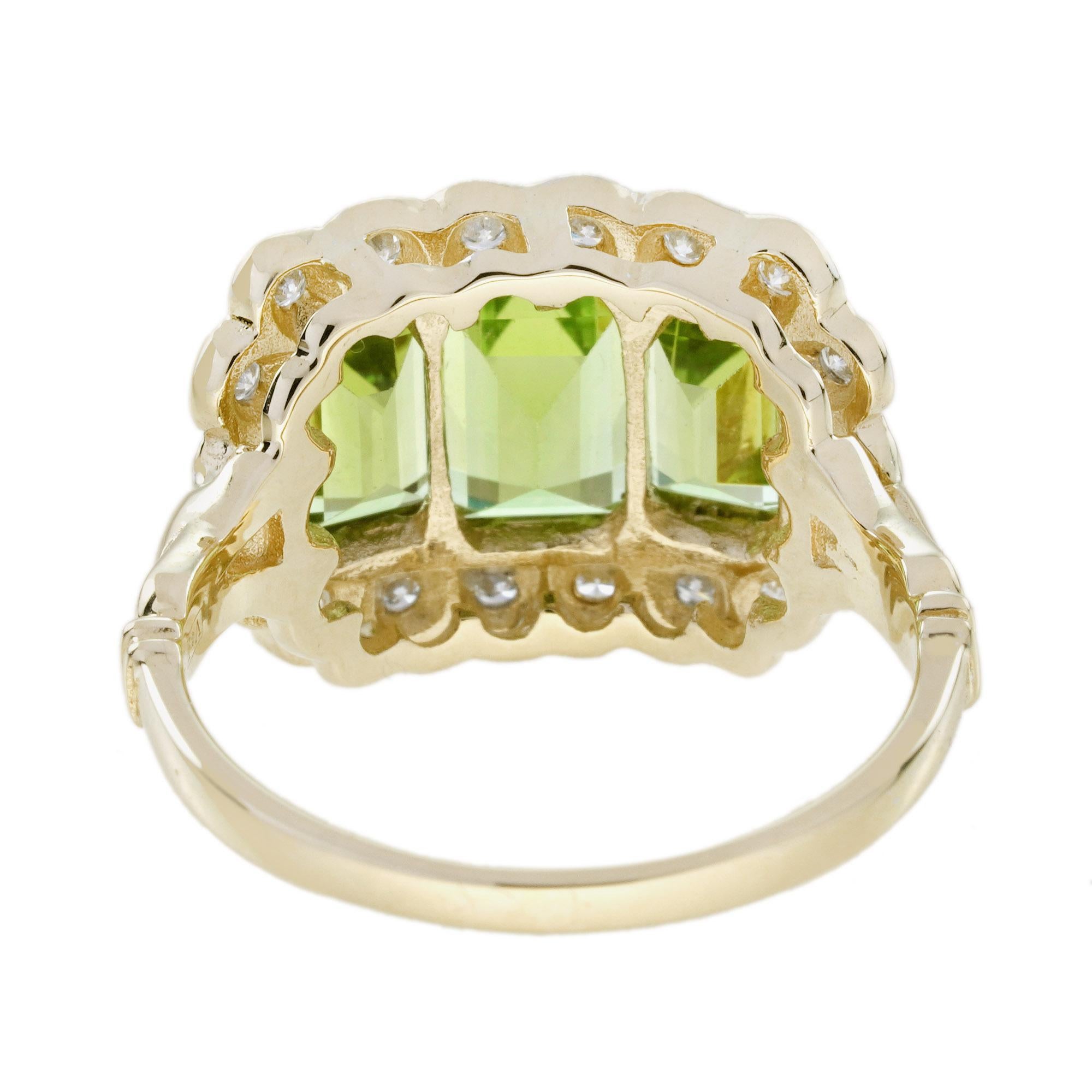 Bague à trois pierres en or jaune 14 carats, péridot et diamant, style Art déco en vente 2