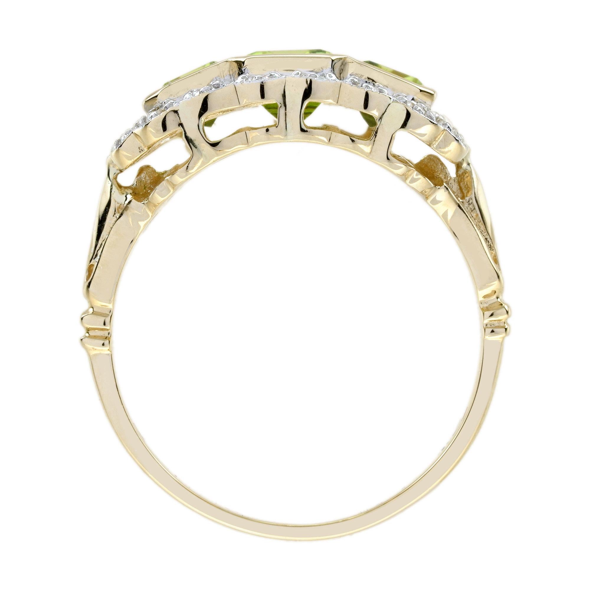 Bague à trois pierres en or jaune 14 carats, péridot et diamant, style Art déco en vente 3