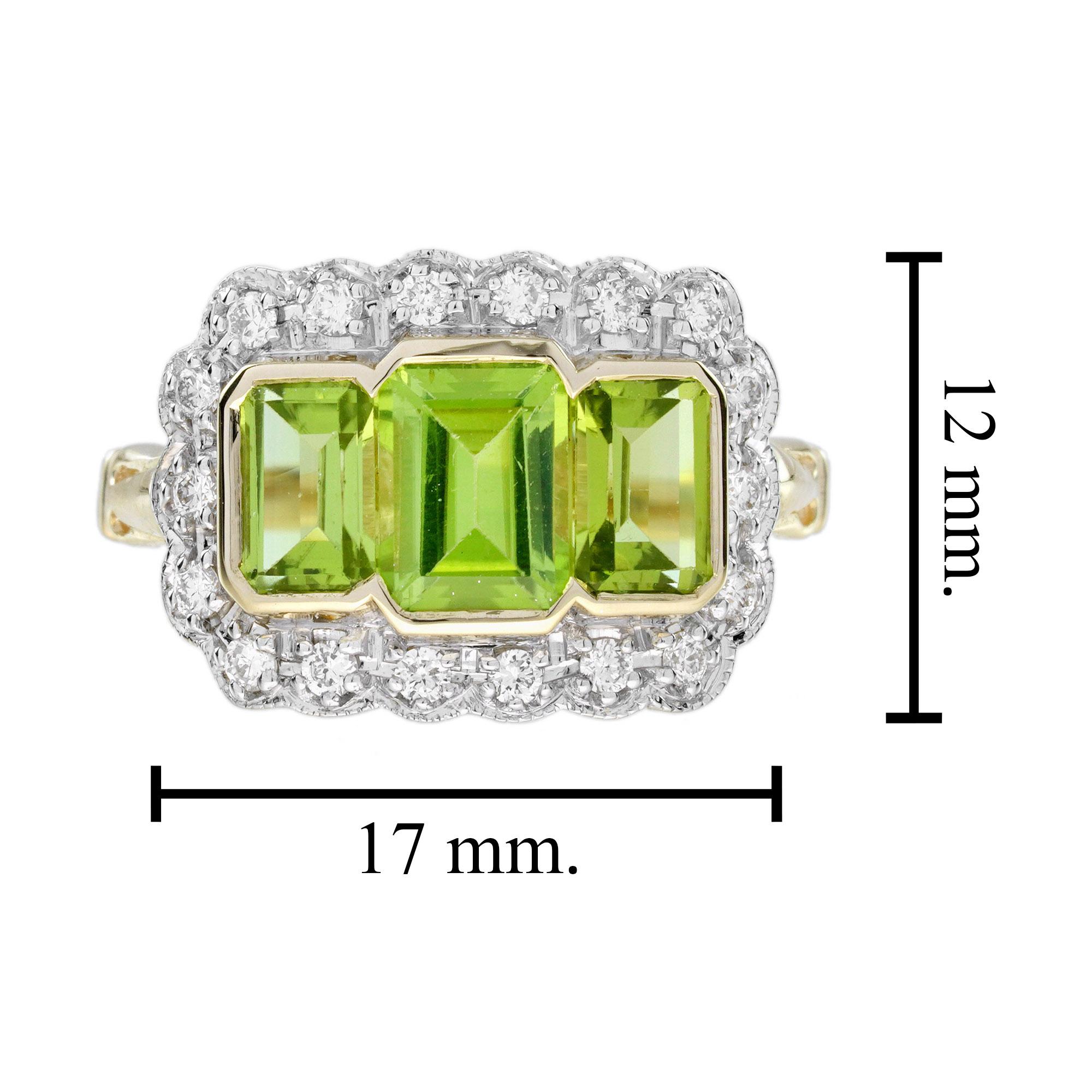 Bague à trois pierres en or jaune 14 carats, péridot et diamant, style Art déco en vente 4