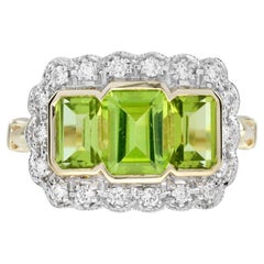 Peridot and Diamond Art Deco Style Three Stone Ring in 14K Yellow Gold
