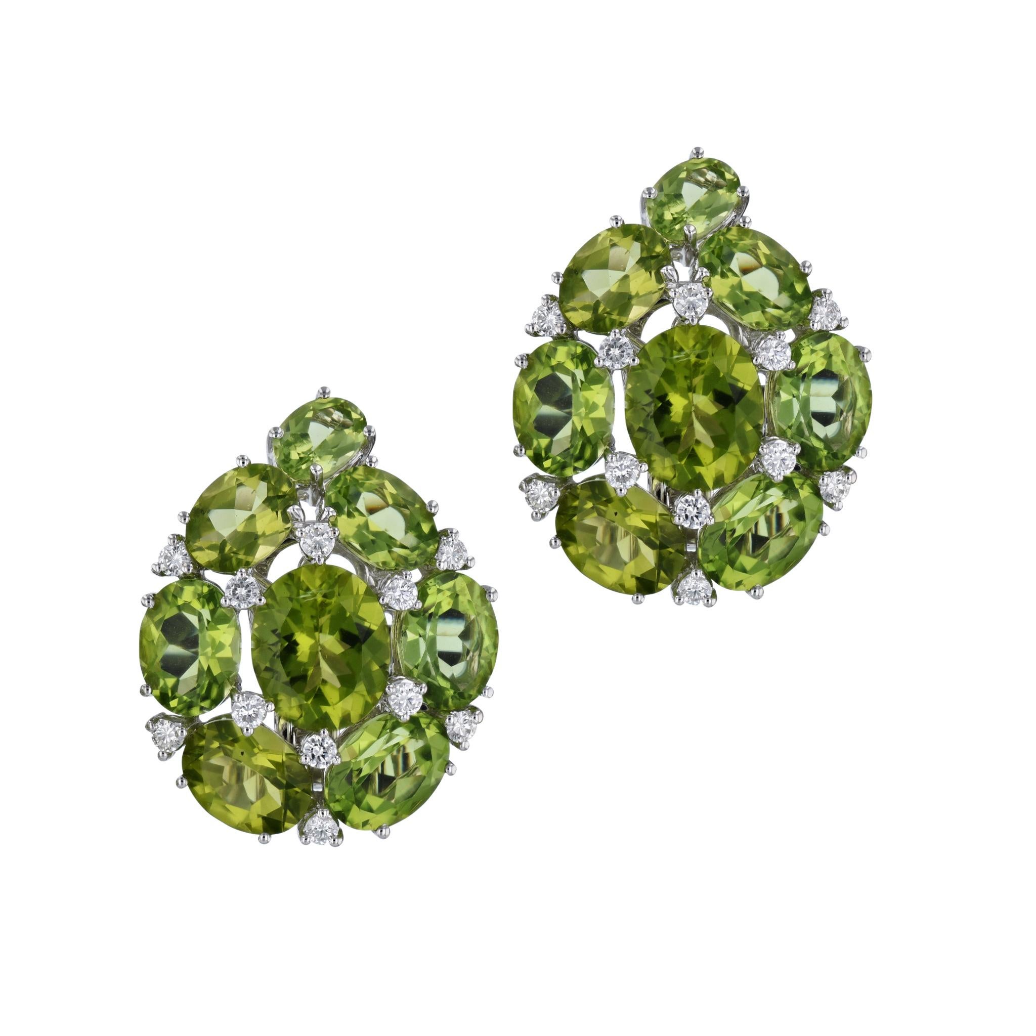 Oval Cut Peridot and Diamond Cluster White Gold Estate Earrings For Sale