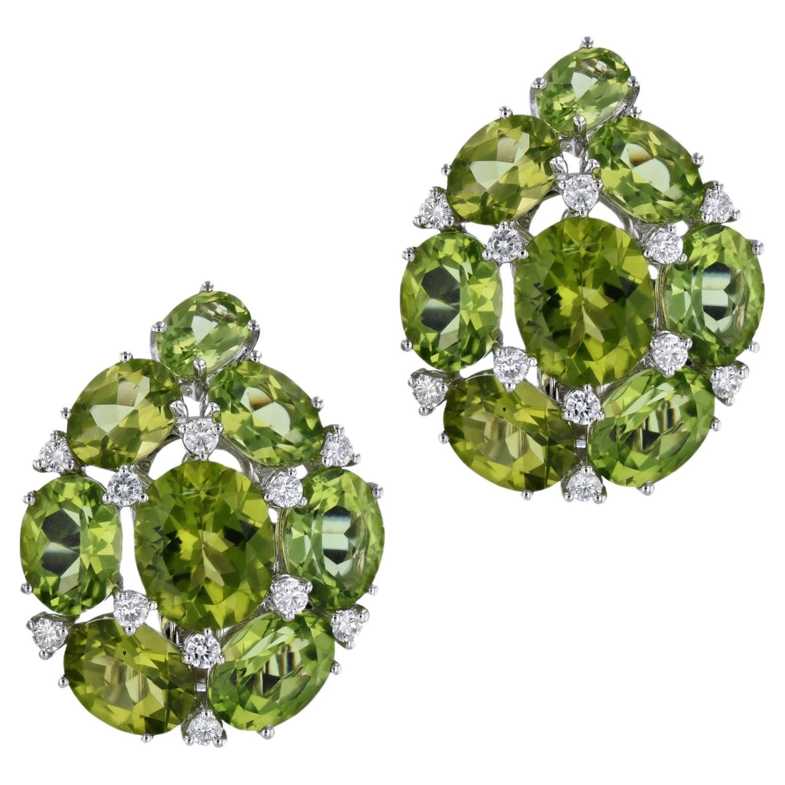 Peridot and Diamond Cluster White Gold Estate Earrings For Sale