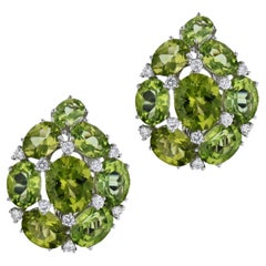 Peridot and Diamond Cluster White Gold Estate Earrings