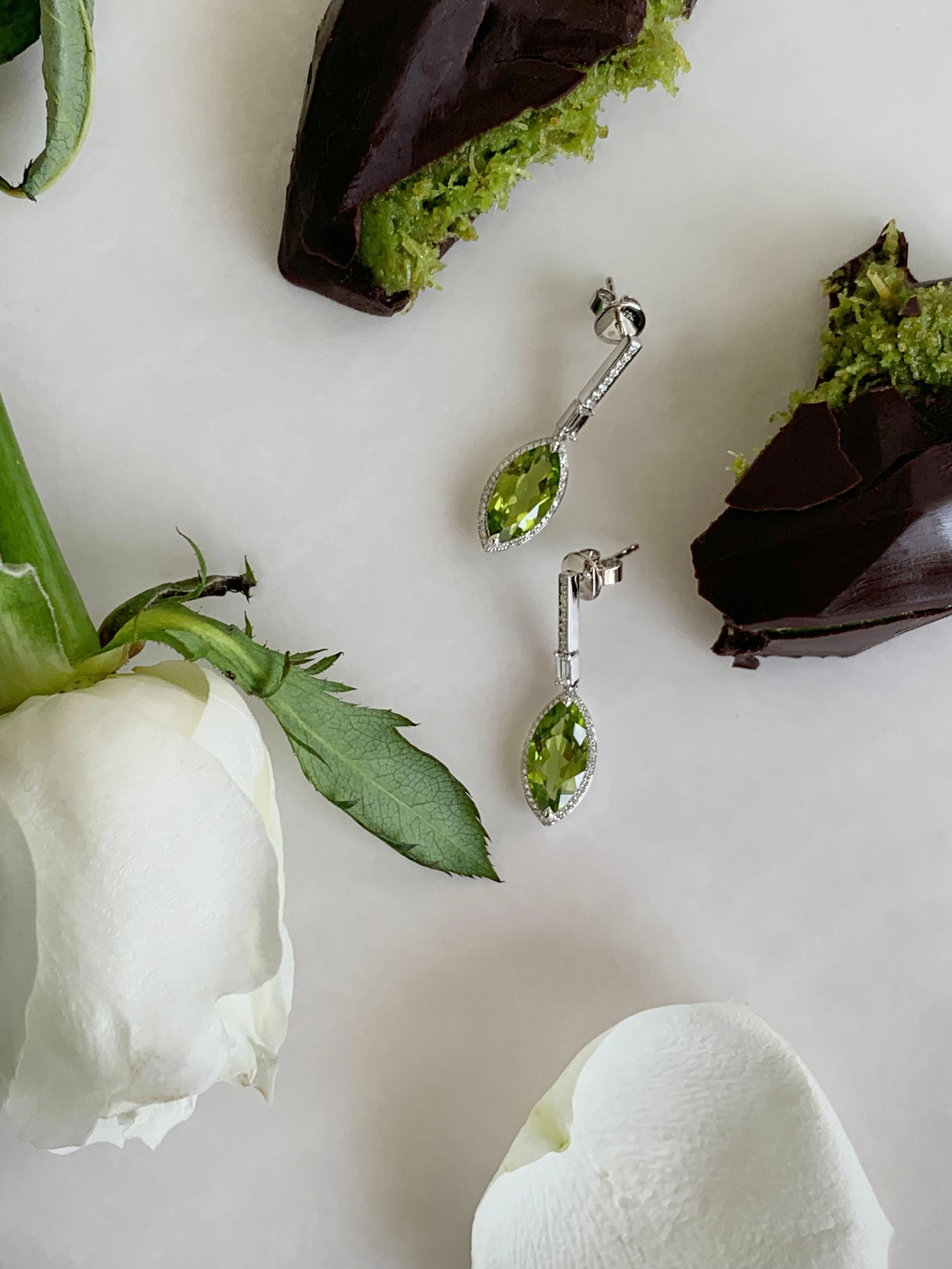 Marquise Cut Peridot and Diamond Dangle Earrings in 18k White Gold For Sale