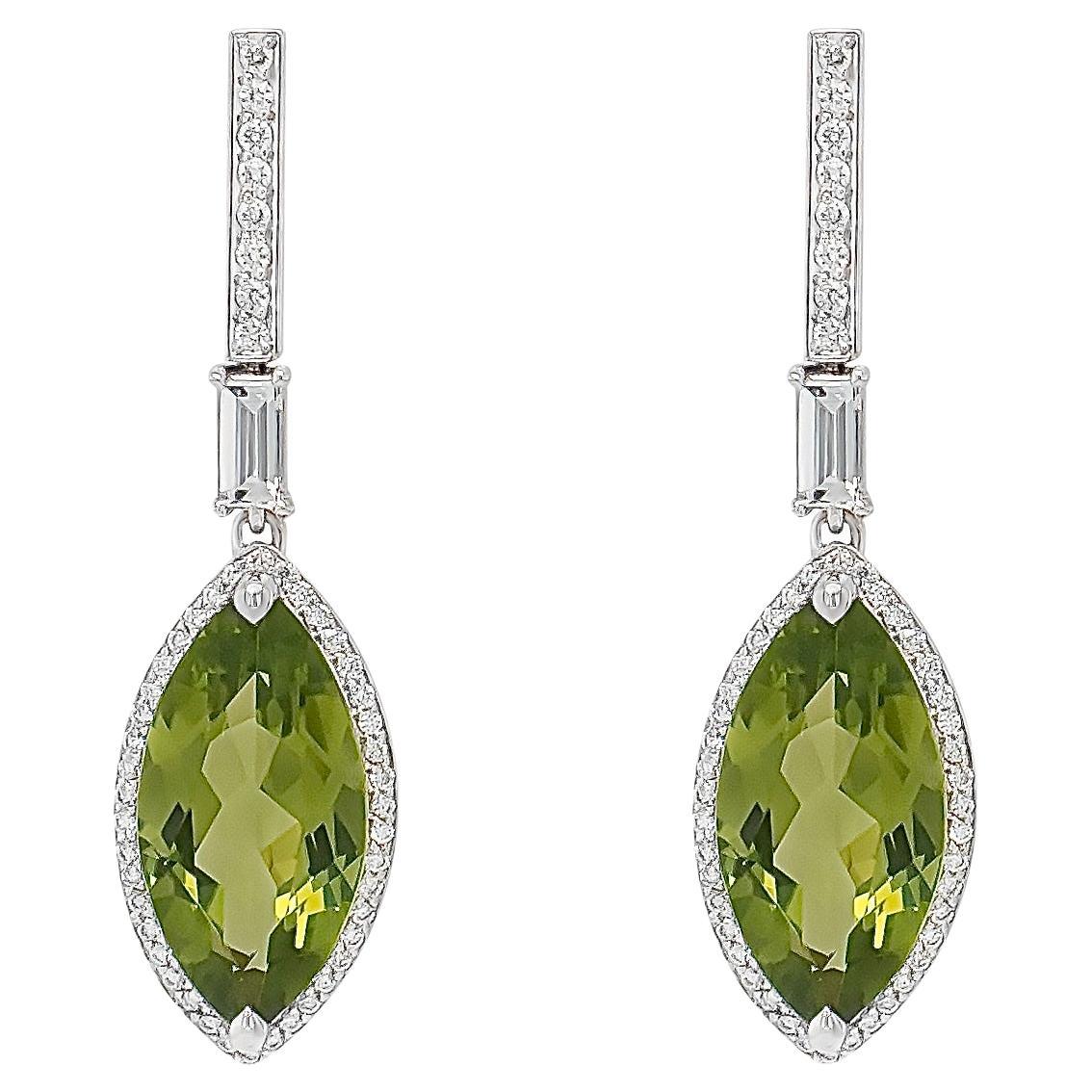 Peridot and Diamond Dangle Earrings in 18k White Gold For Sale