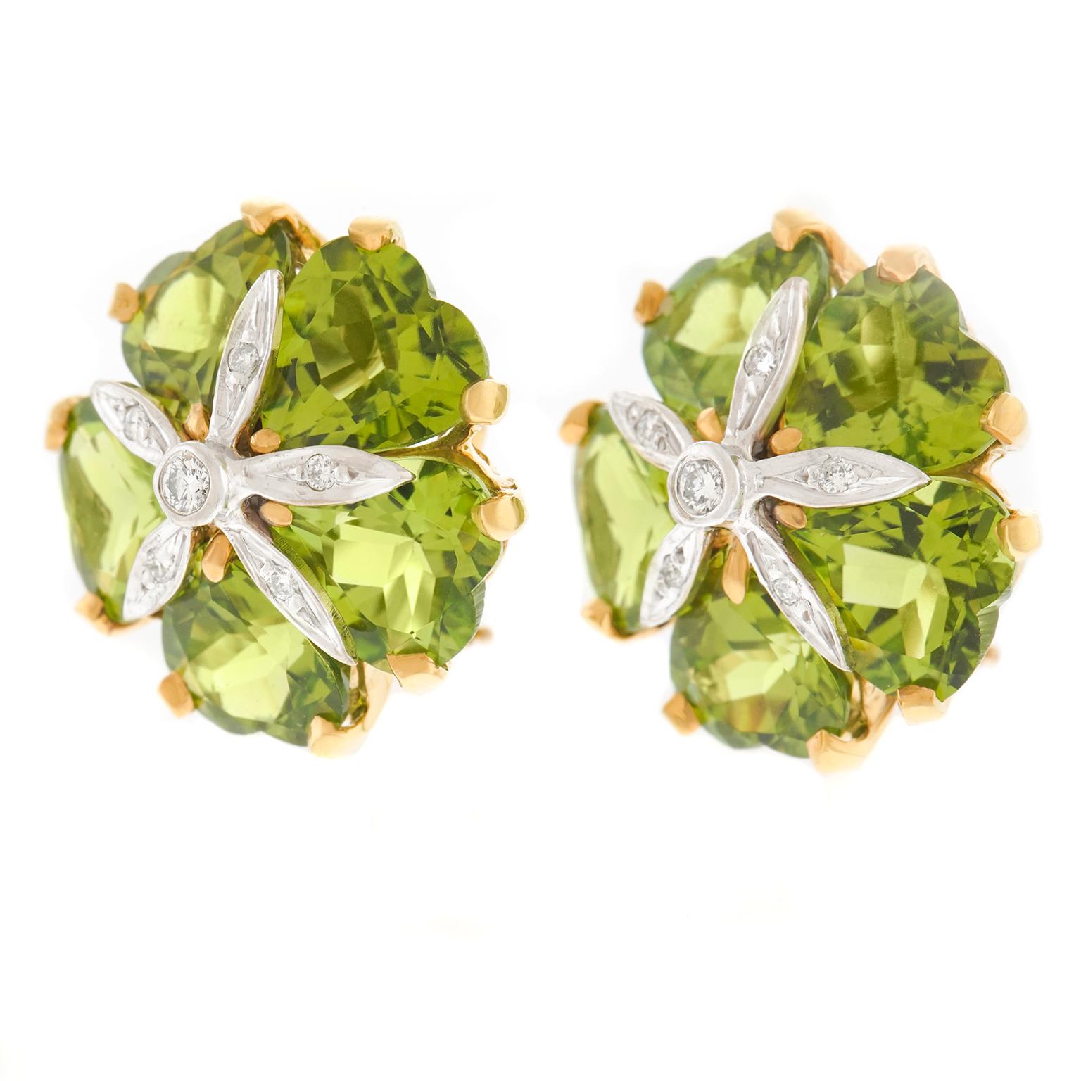 Peridot and Diamond Florette Earrings In Excellent Condition In Litchfield, CT