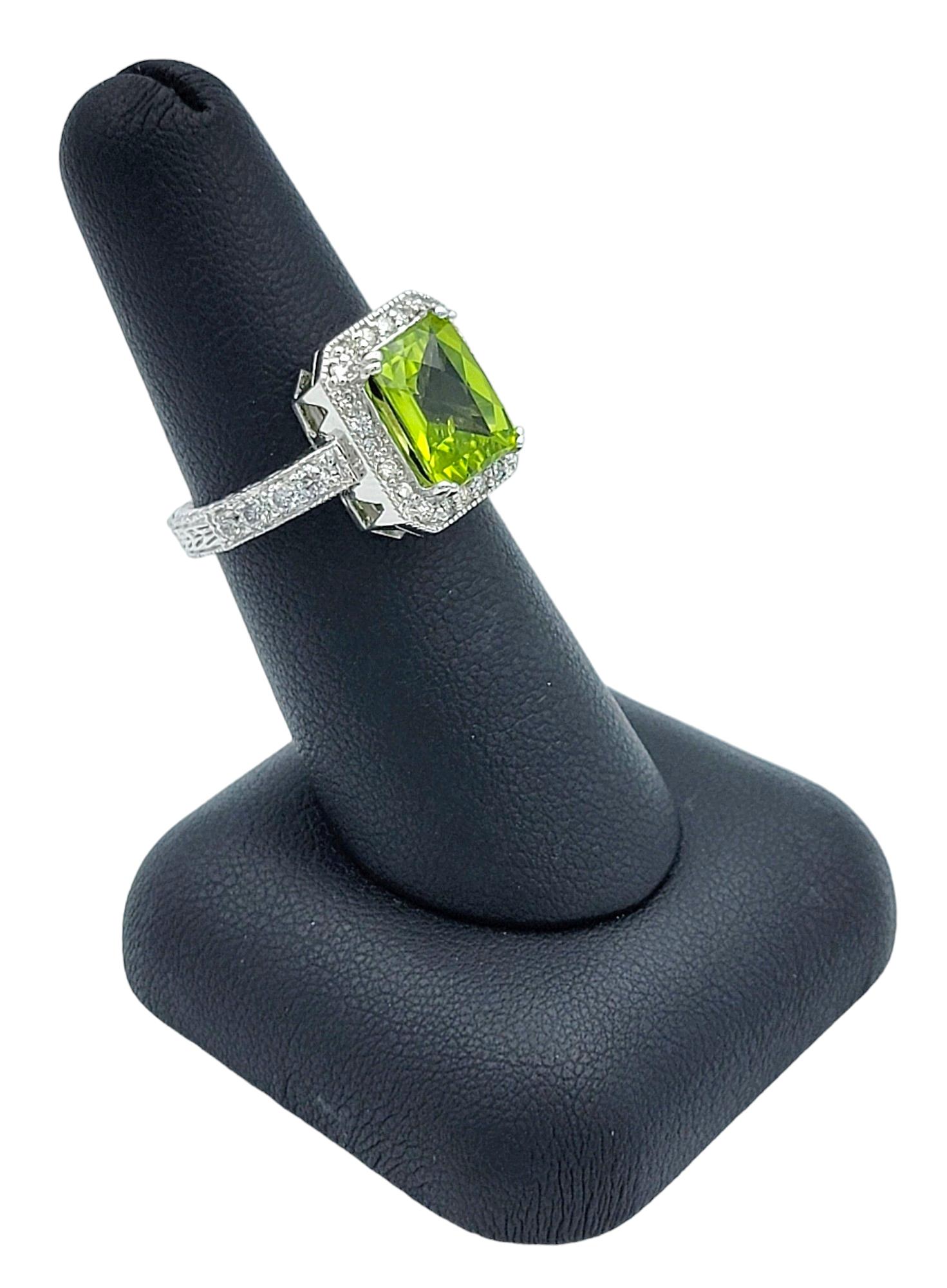 Peridot and Diamond Halo Cocktail Ring with Milgrain Set in 14 Karat White Gold For Sale 4