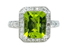Peridot and Diamond Halo Cocktail Ring with Milgrain Set in 14 Karat White Gold