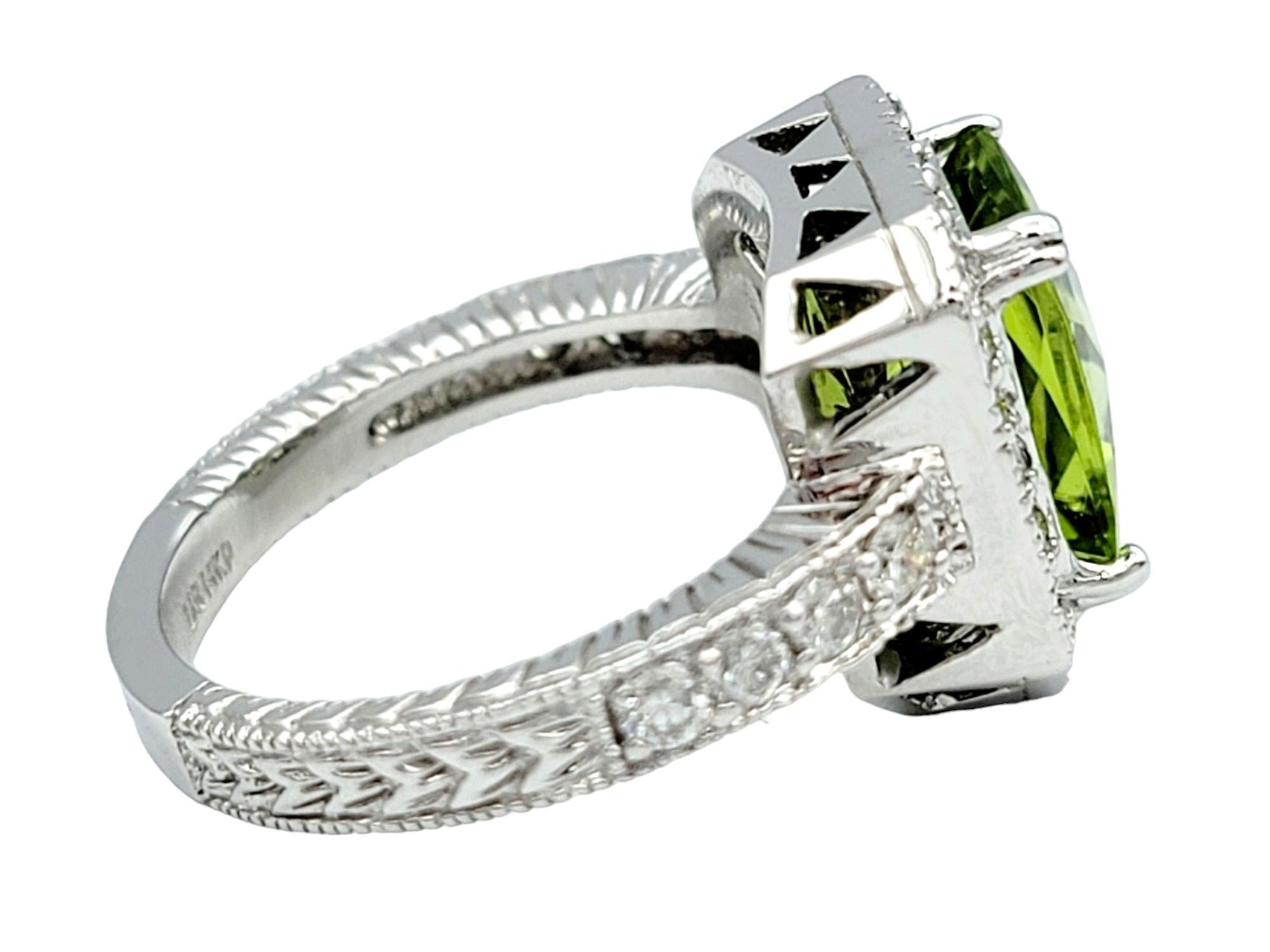 Emerald Cut Peridot and Diamond Halo Cocktail Ring with Milgrain Set in 14 Karat White Gold For Sale