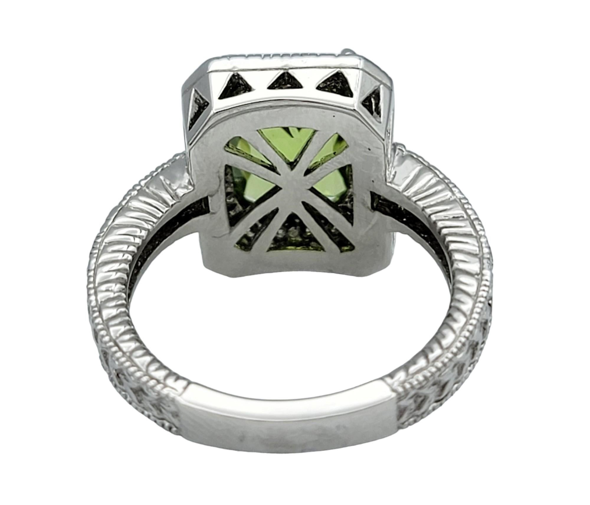 Peridot and Diamond Halo Cocktail Ring with Milgrain Set in 14 Karat White Gold In Good Condition For Sale In Scottsdale, AZ