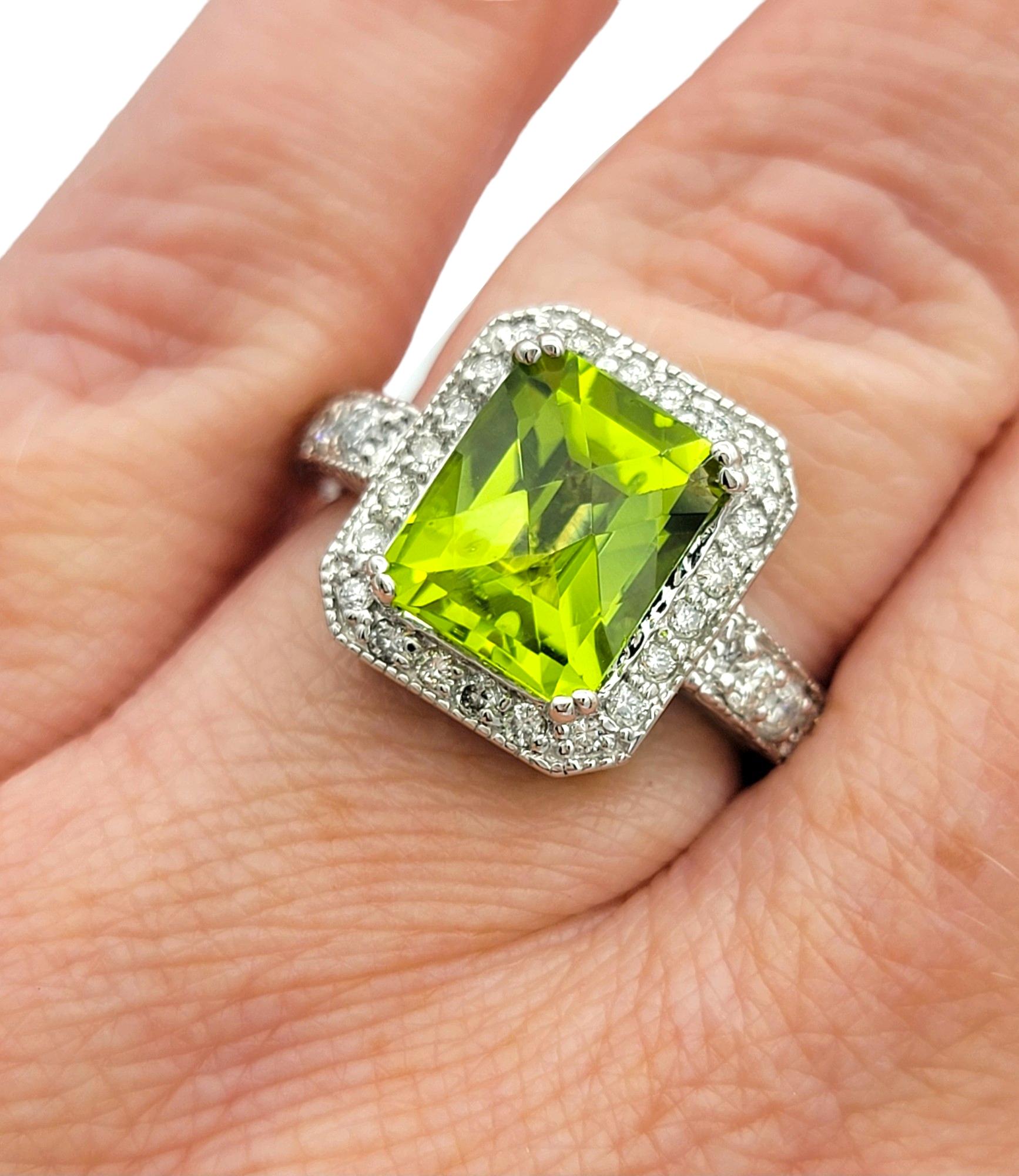 Peridot and Diamond Halo Cocktail Ring with Milgrain Set in 14 Karat White Gold For Sale 1