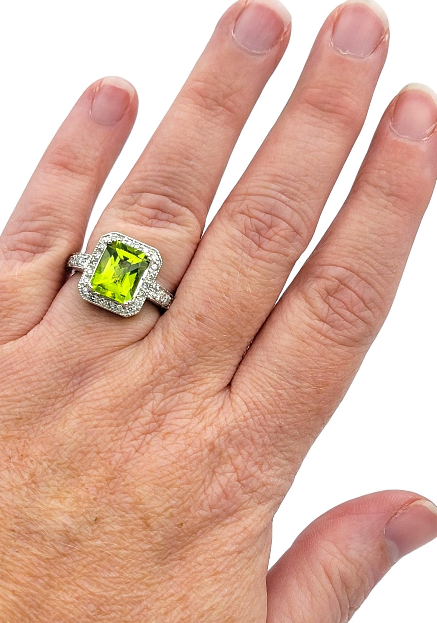 Peridot and Diamond Halo Cocktail Ring with Milgrain Set in 14 Karat White Gold For Sale 2