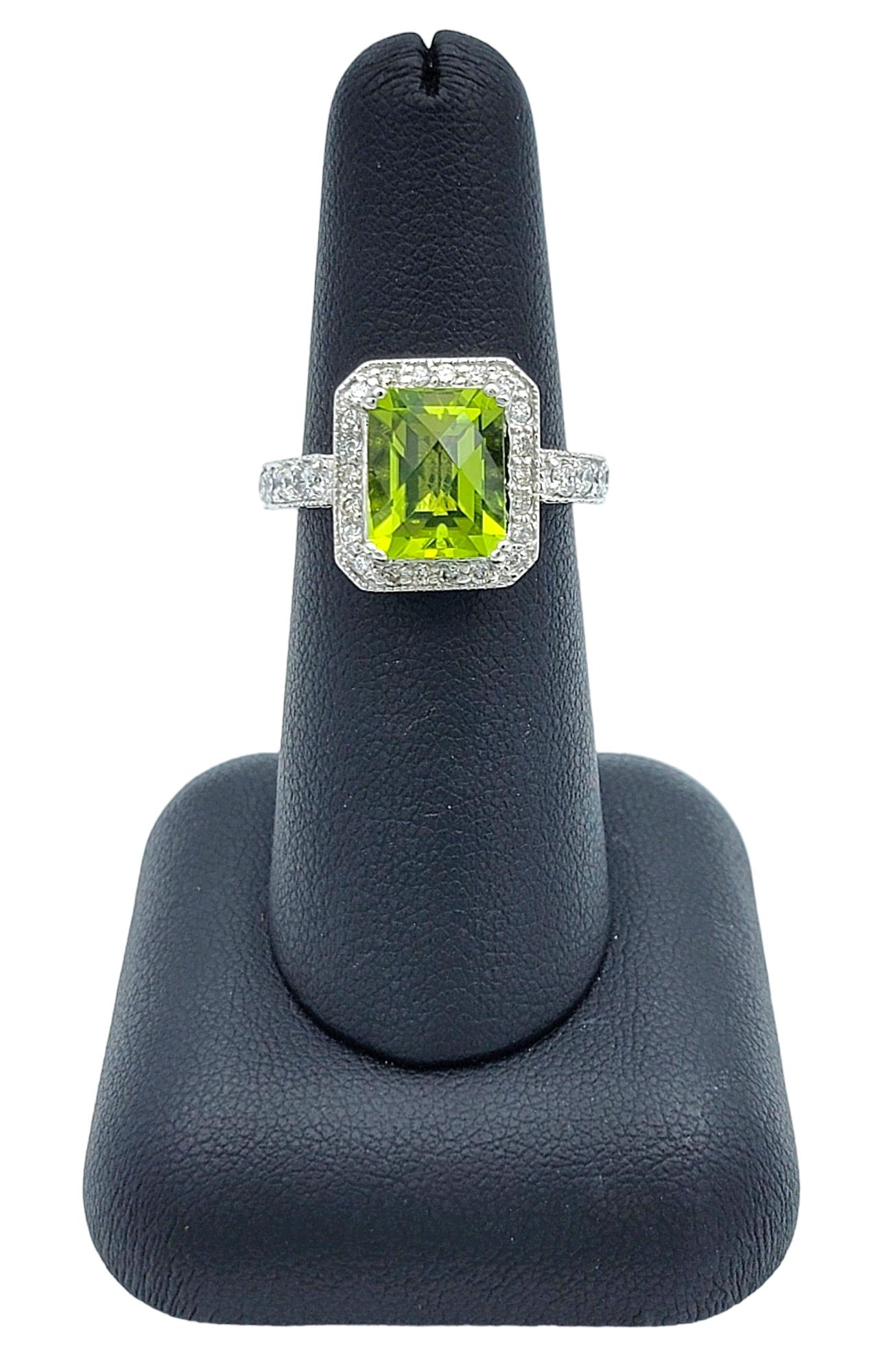 Peridot and Diamond Halo Cocktail Ring with Milgrain Set in 14 Karat White Gold For Sale 3