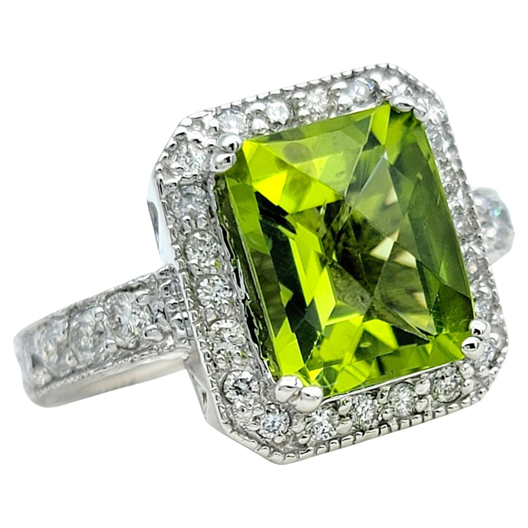 Peridot and Diamond Halo Cocktail Ring with Milgrain Set in 14 Karat White Gold For Sale