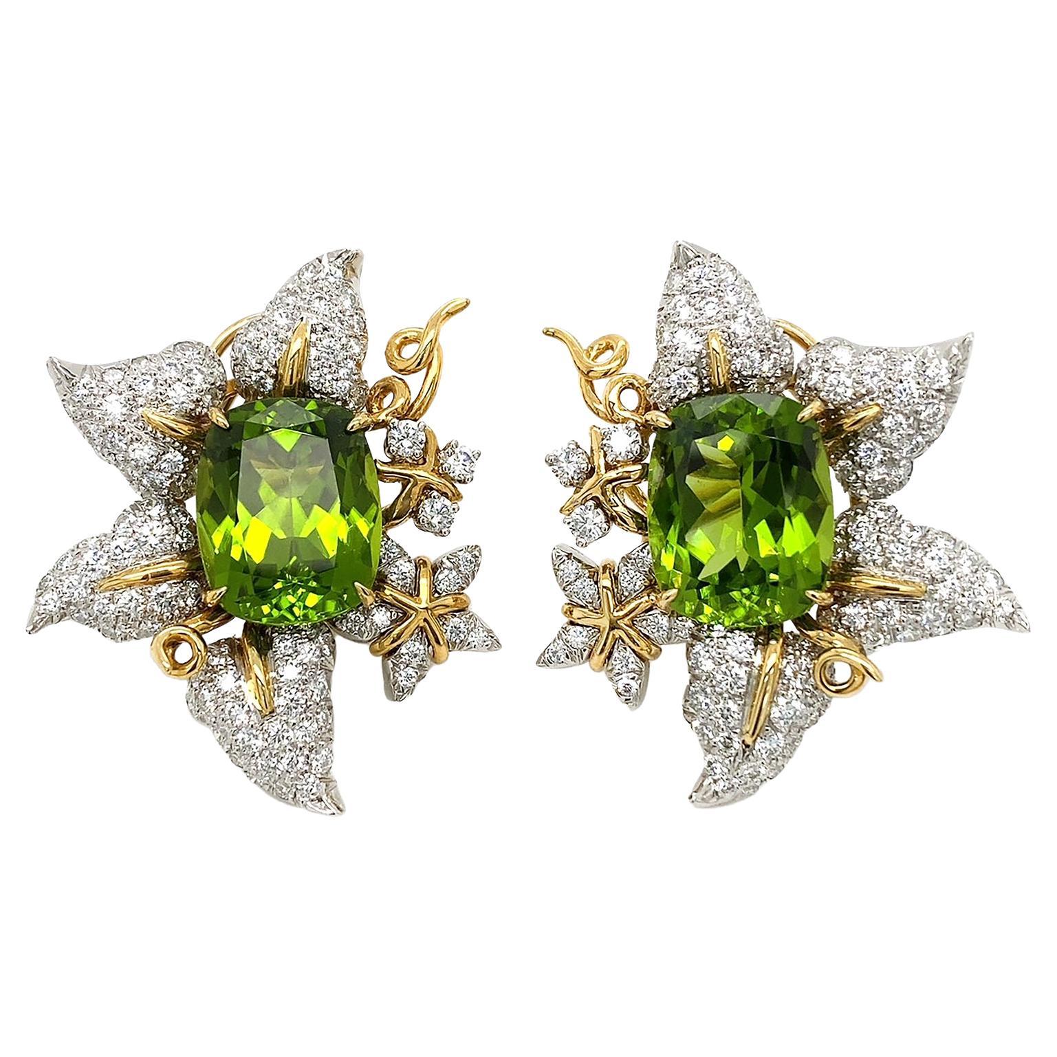 Cushion Peridot and Diamond Leaf Earrings in 18K Yellow Gold For Sale