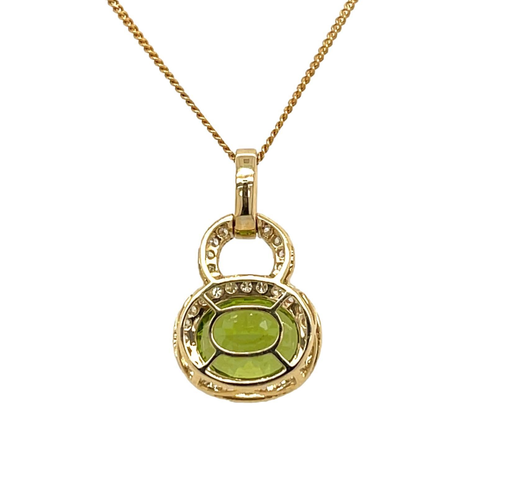 Oval Cut Peridot and Diamond  Pendant in 14KY Gold  For Sale