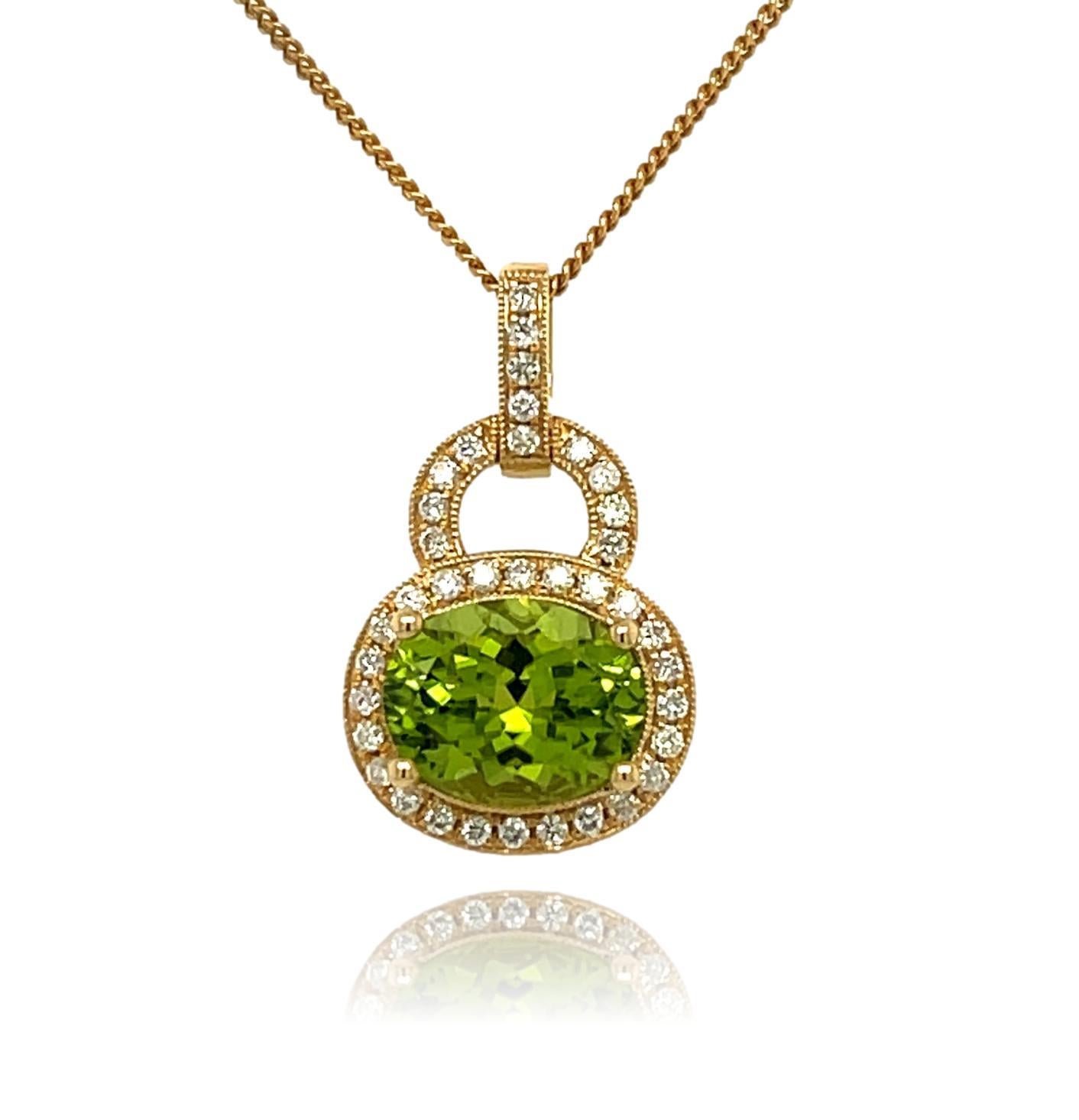Women's or Men's Peridot and Diamond  Pendant in 14KY Gold  For Sale