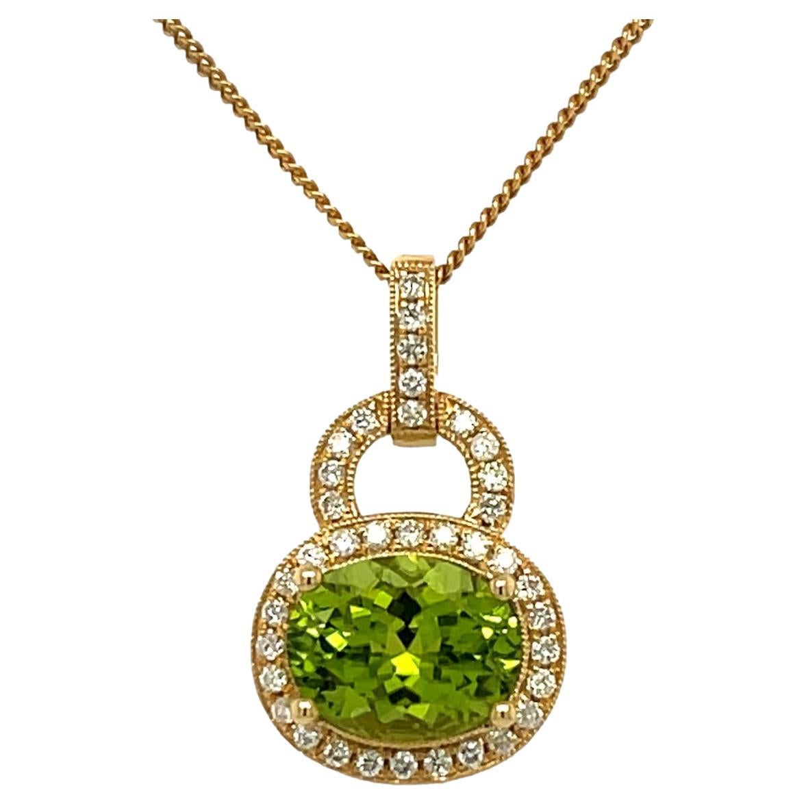Peridot and Diamond  Pendant in 14KY Gold  For Sale
