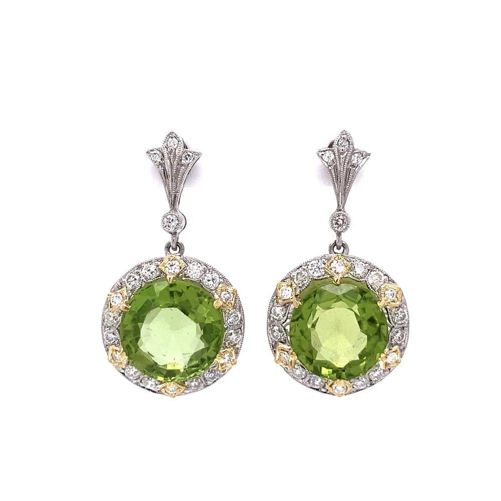 Vintage Statement-Tropfen-Ohrringe mit Peridot und Diamant Platin auf Gold (Gemischter Schliff) im Angebot
