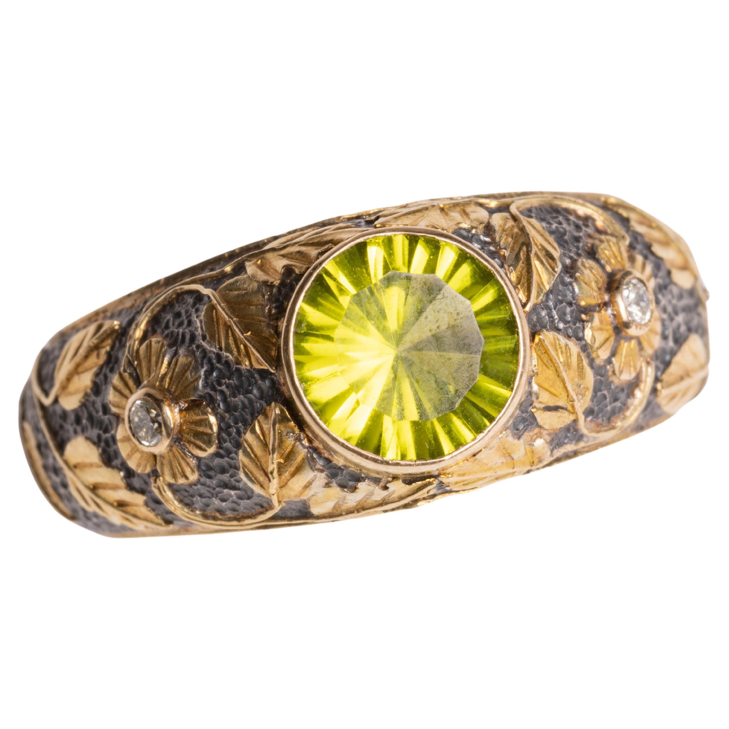 Peridot and Diamond Ring in 18K Gold and Sterling Silver For Sale