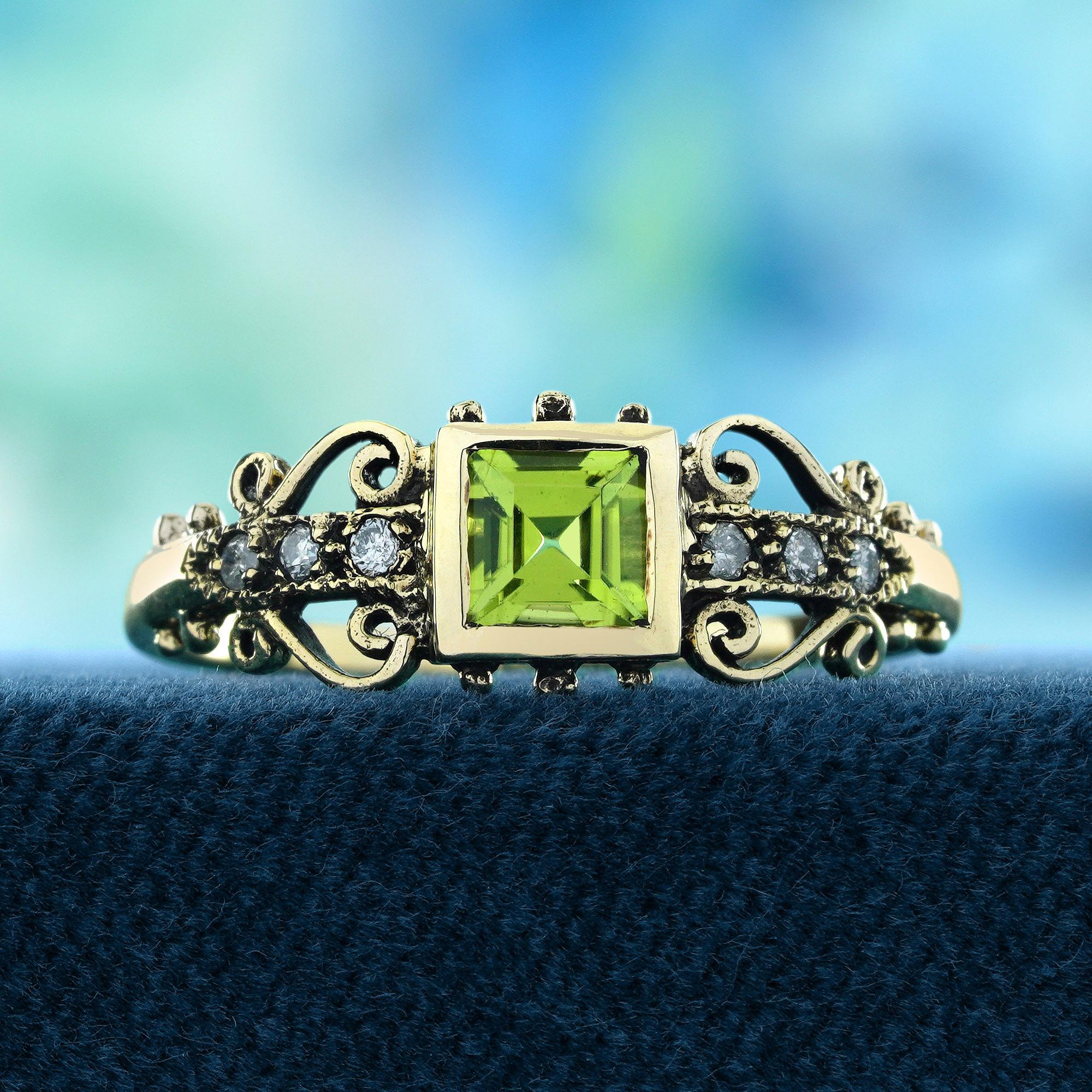 Showcases a brilliant square peridot at its heart, radiating a refreshing burst of green. Delicate diamonds are adorned on both shoulders, adding a touch of sparkle, while the ornate filigree band weaves an intricate vintage charm throughout. The