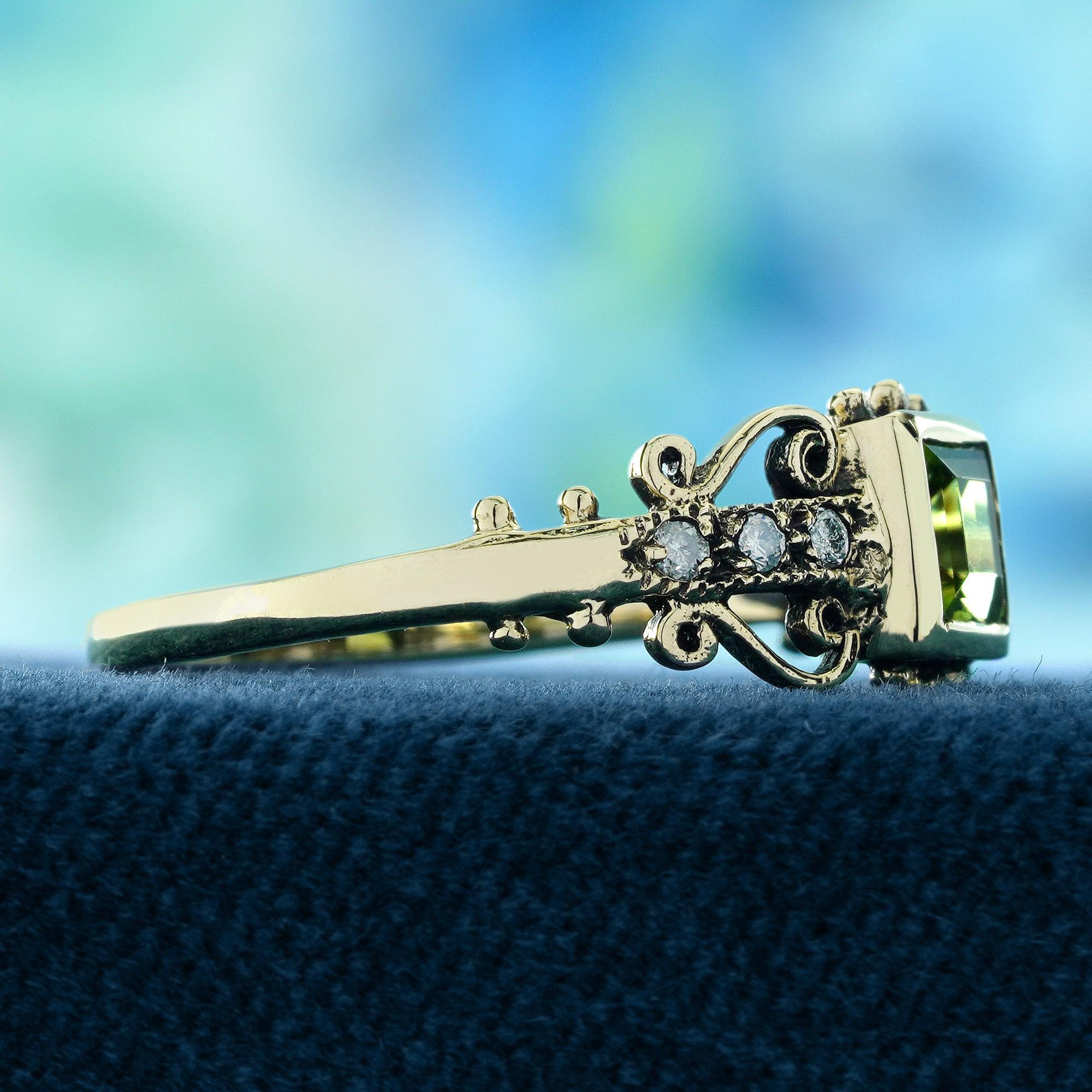 Square Cut Peridot and Diamond Vintage Style Ring in Solid 9K Yellow Gold For Sale