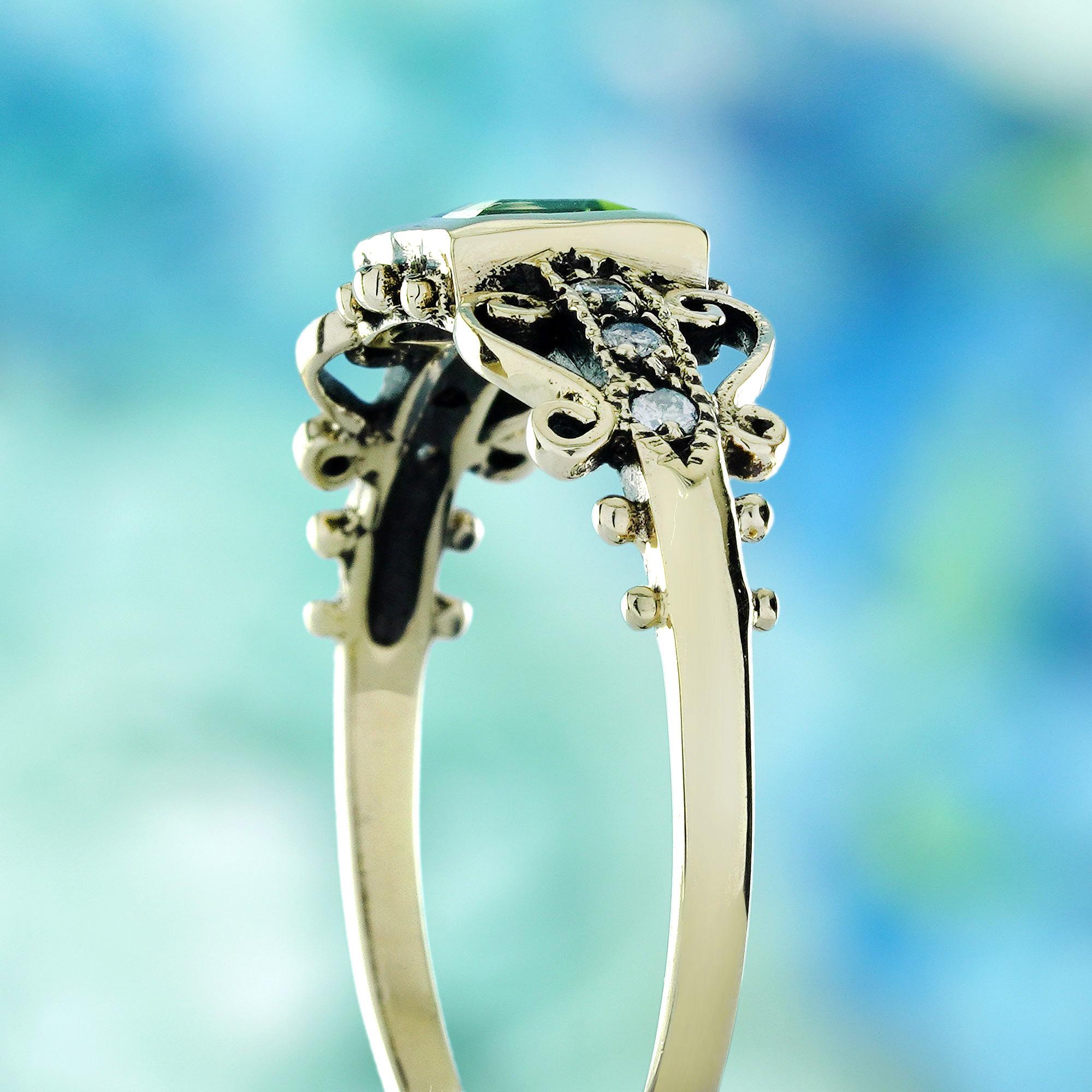 Women's Peridot and Diamond Vintage Style Ring in Solid 9K Yellow Gold For Sale