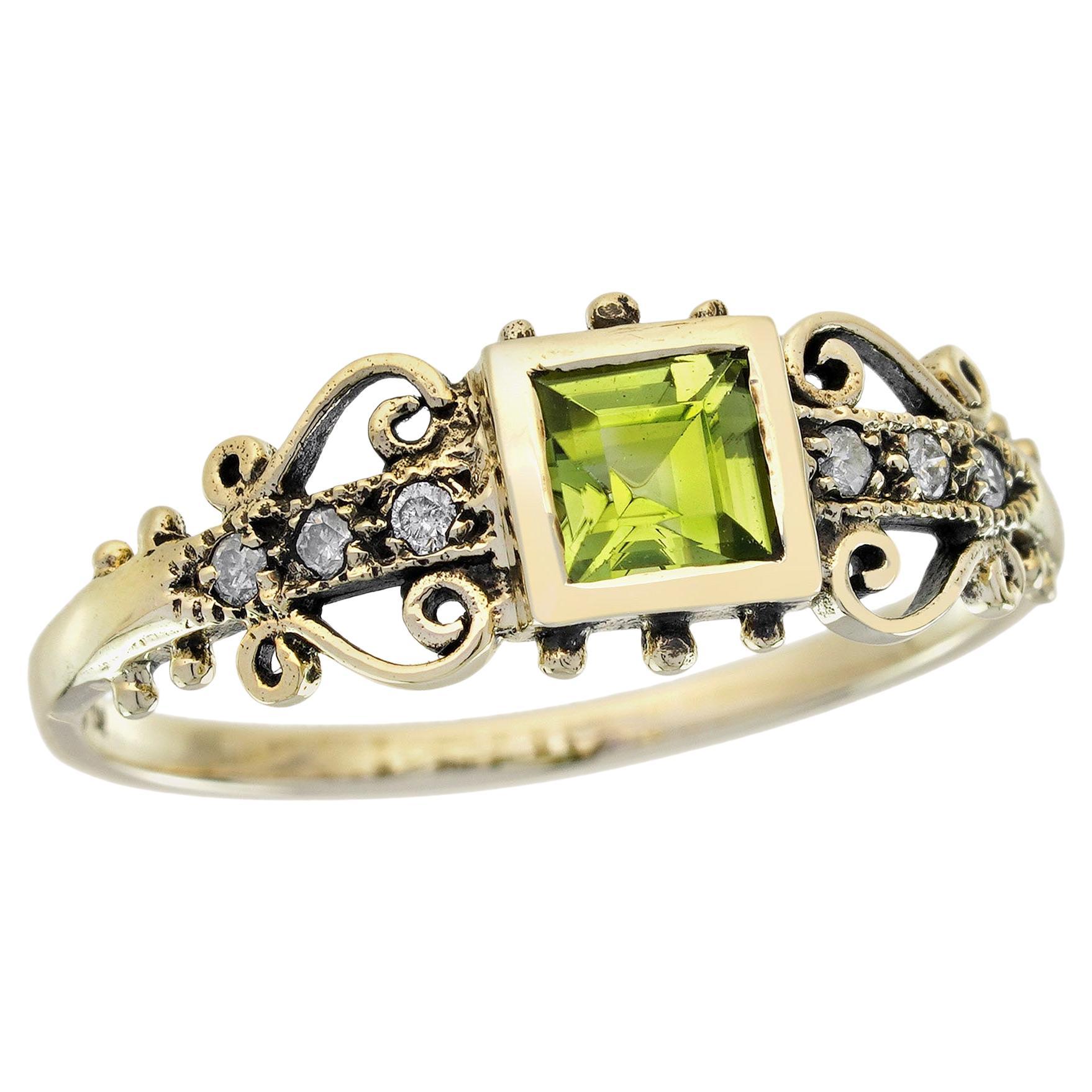 Peridot and Diamond Vintage Style Ring in Solid 9K Yellow Gold For Sale
