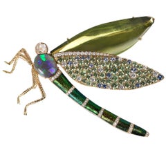 Peridot and Green Sapphire Enameled Dragonfly Brooch