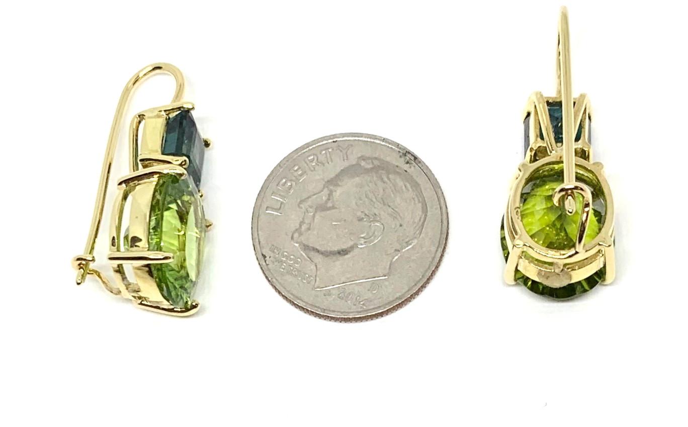 Artisan Peridot and Indicolite Tourmaline Drop Earrings in 18K Yellow Gold For Sale