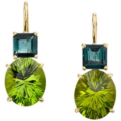 Peridot and Indicolite Tourmaline Drop Earrings in 18K Yellow Gold