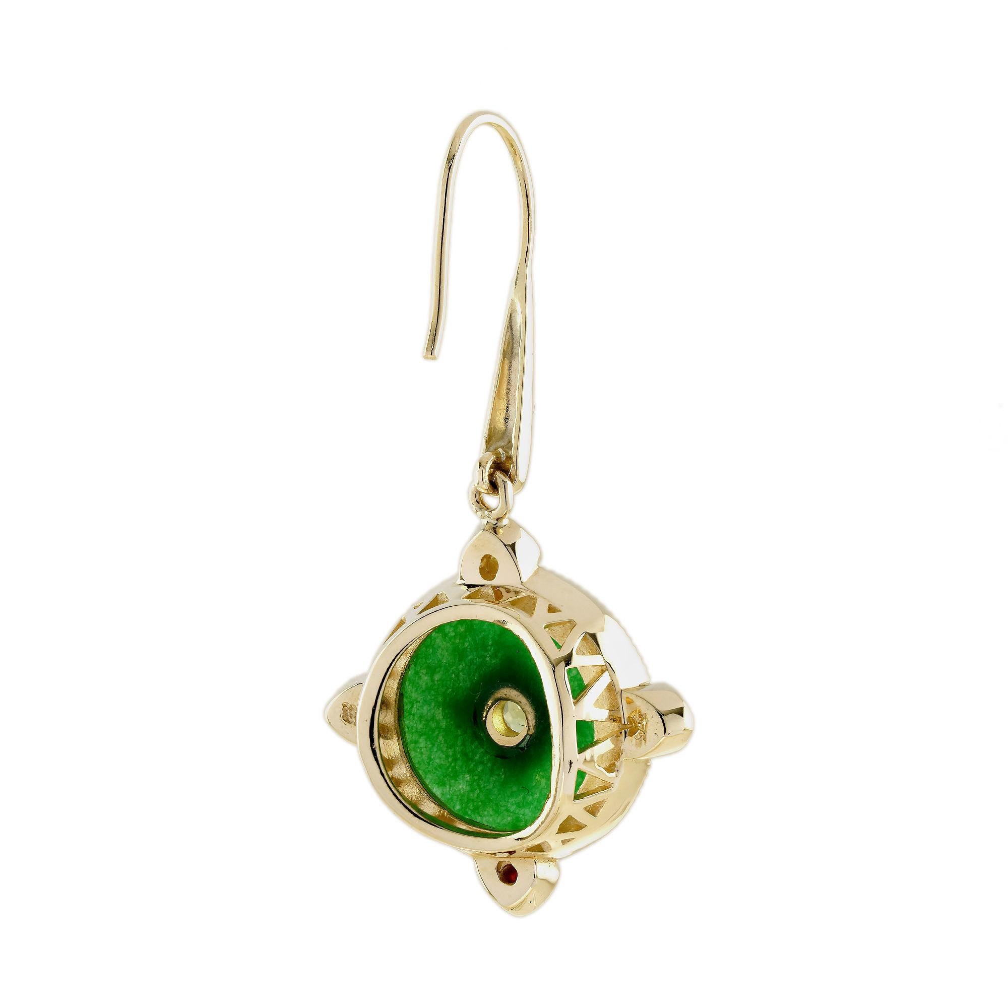 Art Deco Peridot and Jade Vintage Style Drop Earrings in 14K Yellow Gold For Sale