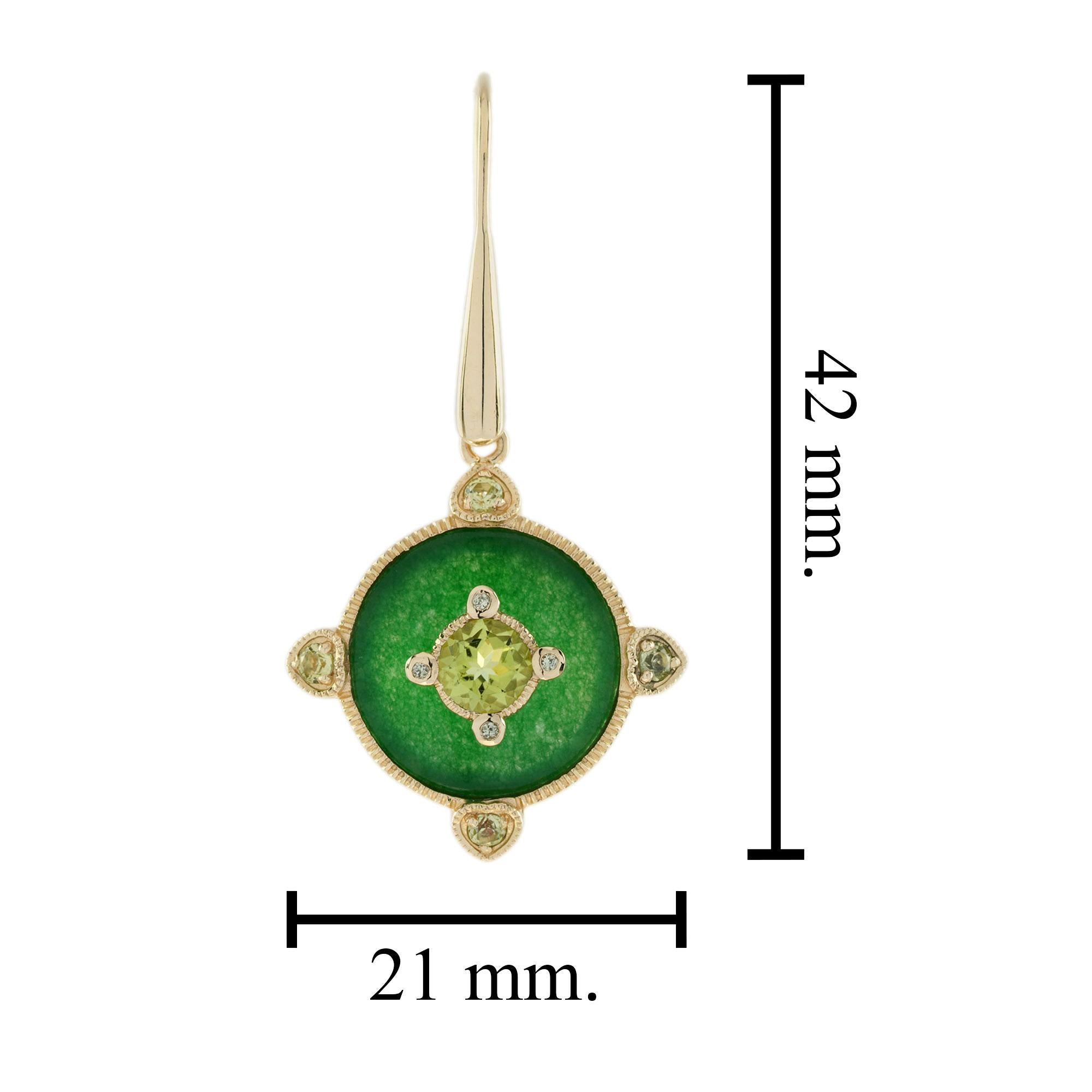 Round Cut Peridot and Jade Vintage Style Drop Earrings in 14K Yellow Gold For Sale