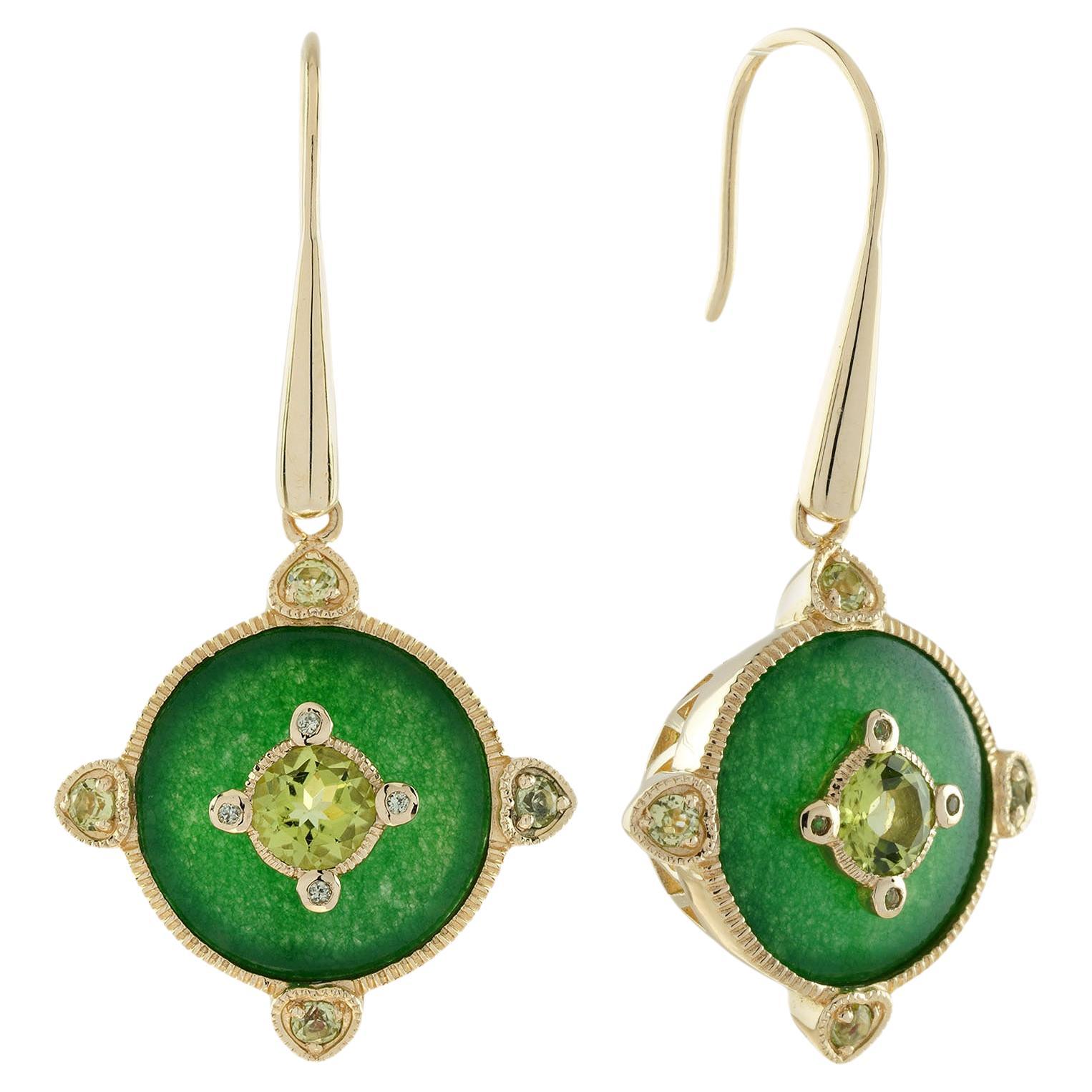 Peridot and Jade Vintage Style Drop Earrings in 14K Yellow Gold