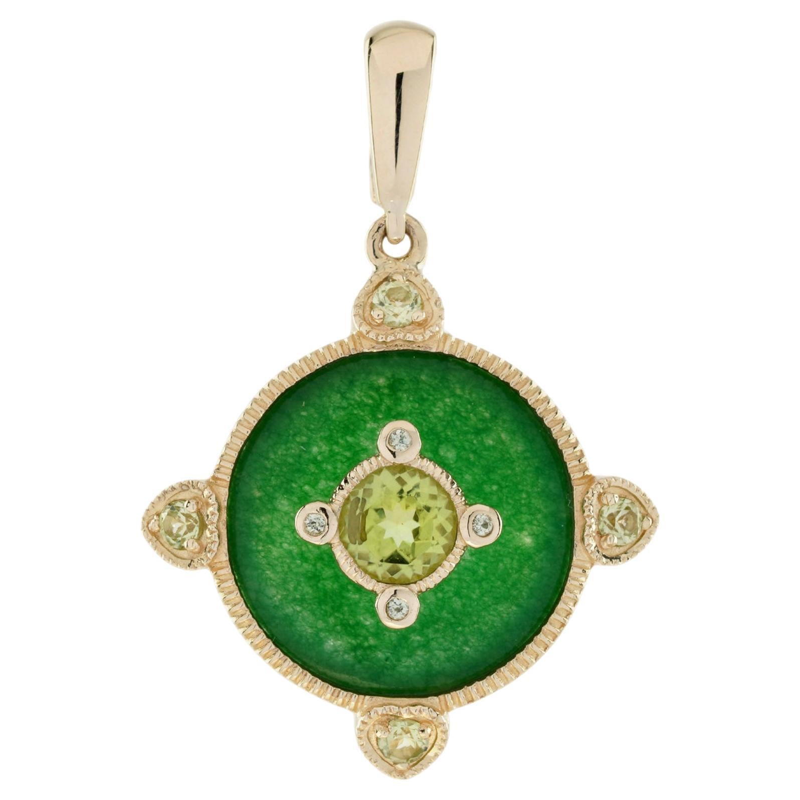 Peridot and Jade Vintage Style Pendant in 14K Yellow Gold