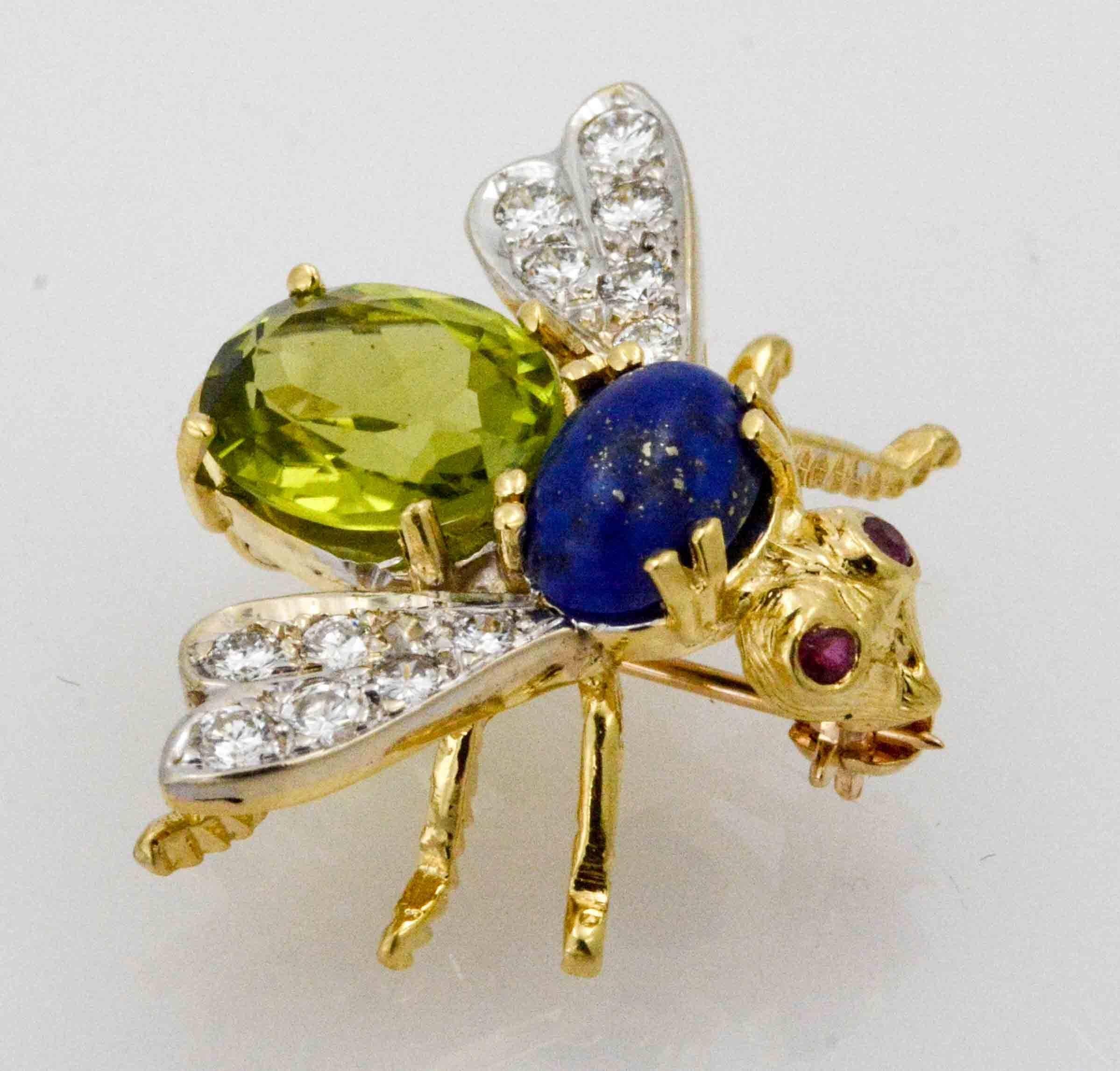 Oval Cut Peridot and Lapis Herbert Rosenthal 14 Karat Yellow Gold Bee Pin