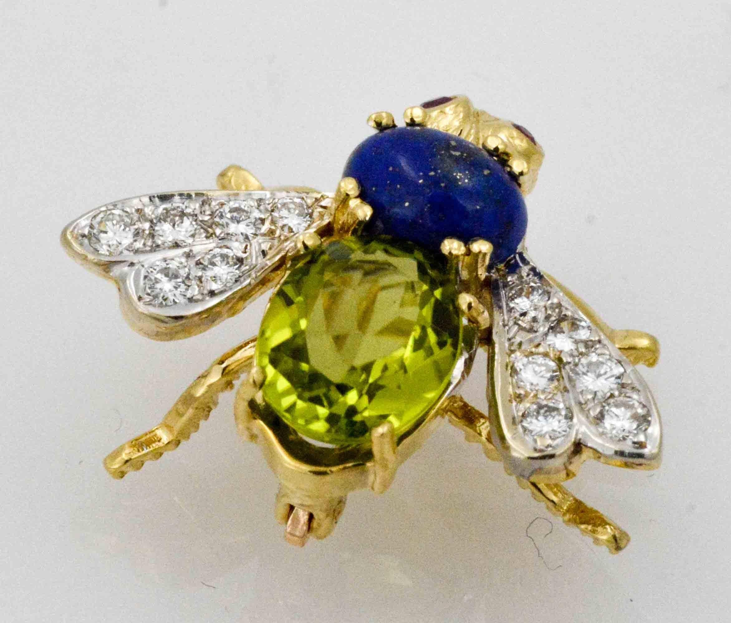 Peridot and Lapis Herbert Rosenthal 14 Karat Yellow Gold Bee Pin In Excellent Condition In Dallas, TX