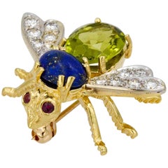 Peridot and Lapis Herbert Rosenthal 14 Karat Yellow Gold Bee Pin