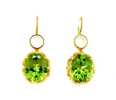 Peridot and Moonstone Cabochon Yellow Gold Lever Back Drop Dangle Earrings