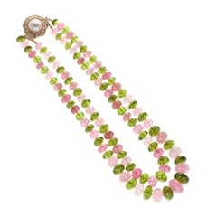 Peridot and Morganite Bead Yellow Gold and Diamond Brooch and Necklace