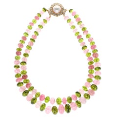 Peridot and Morganite Bead Yellow Gold and Diamond Brooch and Necklace