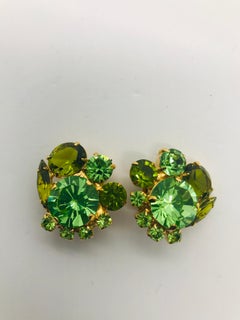 Peridot and Olivine Austrian Crystal Cluster Button Clip Earrings