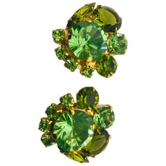 Peridot and Olivine Austrian Crystal Cluster Button Clip Earrings