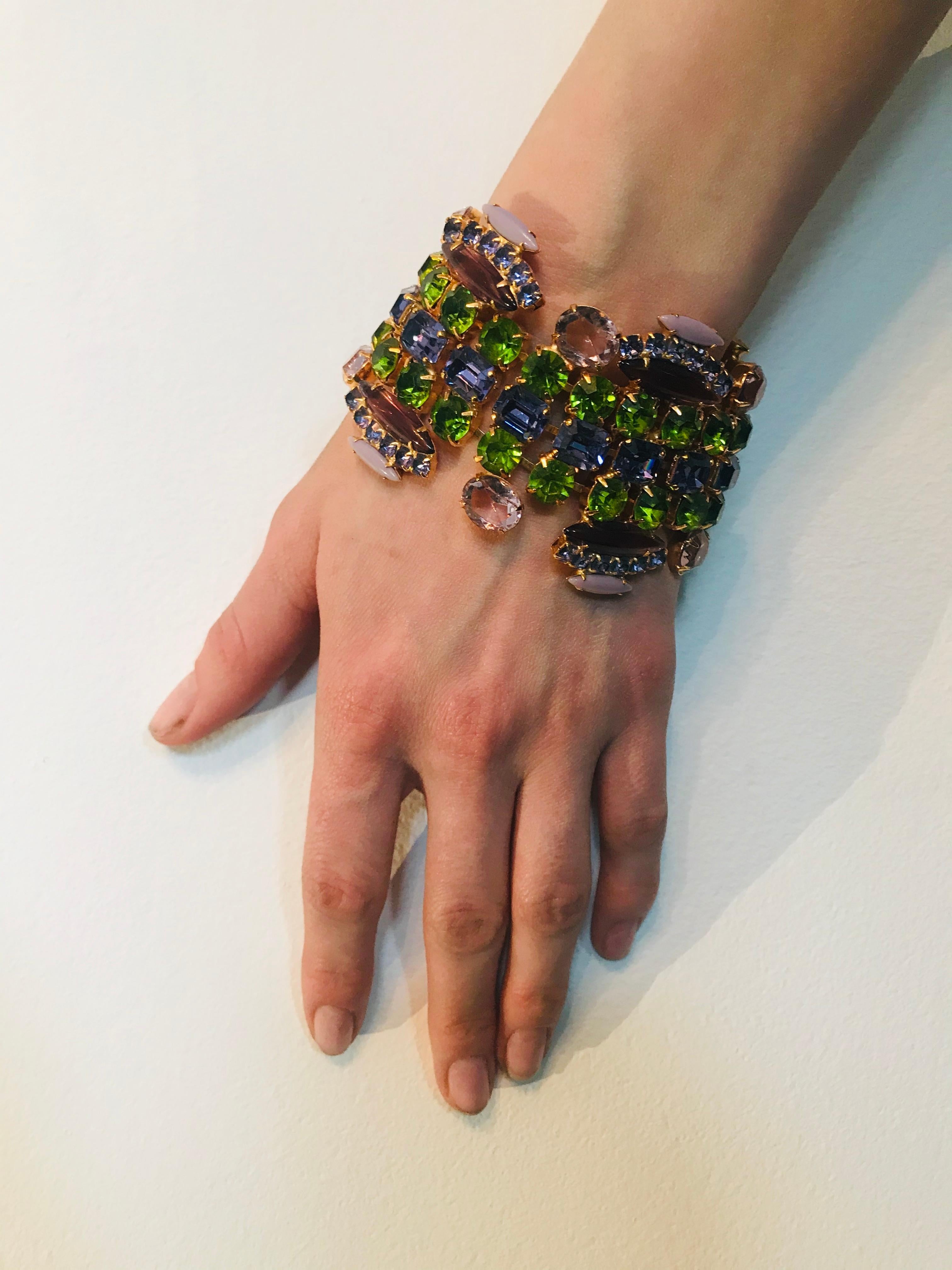 Women's Peridot and Olivine Austrian Crystal Flex Cuff Bracelet For Sale