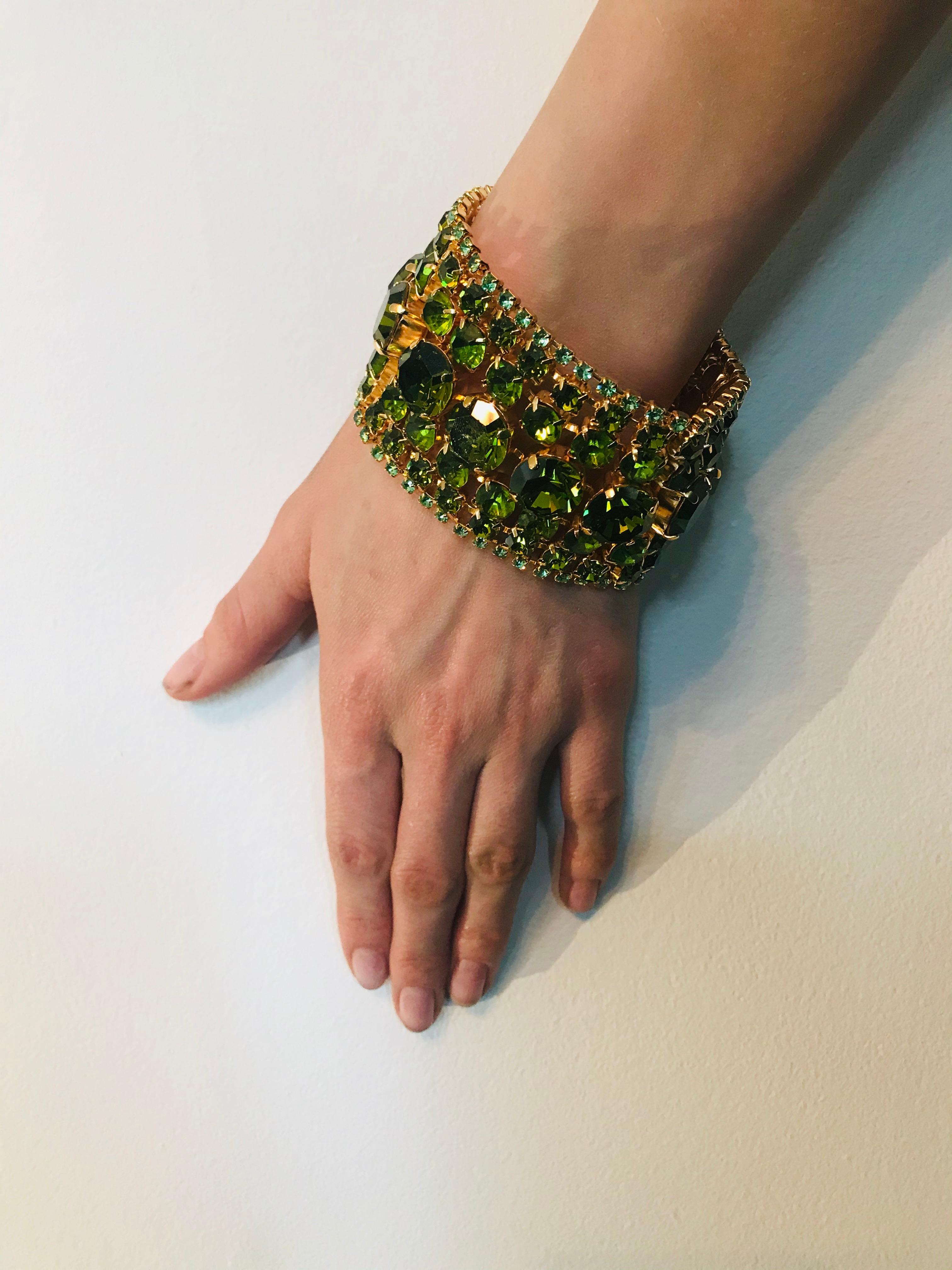 Peridot and Olivine Austrian Crystal Flex Cuff Bracelet For Sale 1