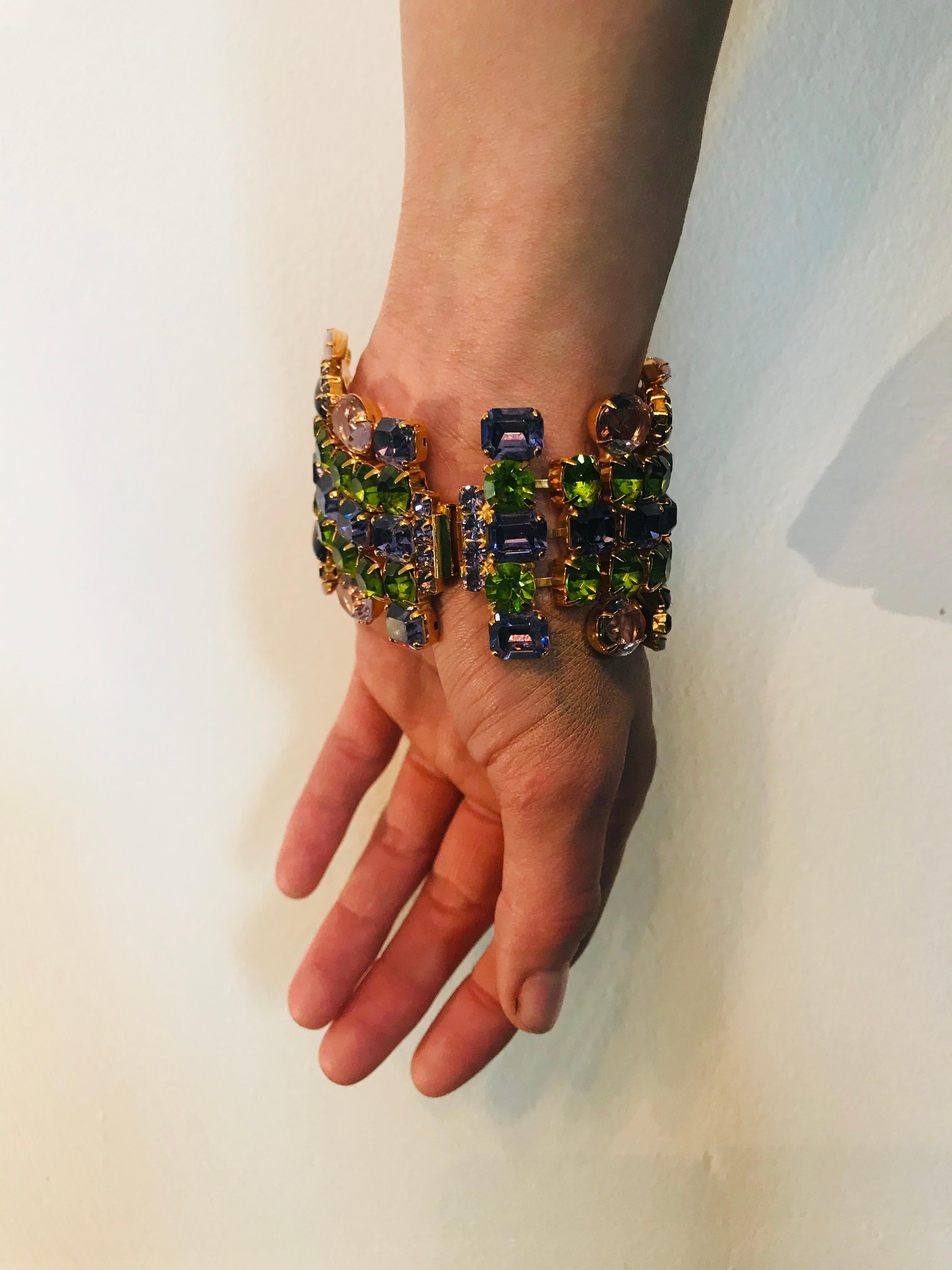Peridot and Olivine Austrian Crystal Flex Cuff Bracelet For Sale 2